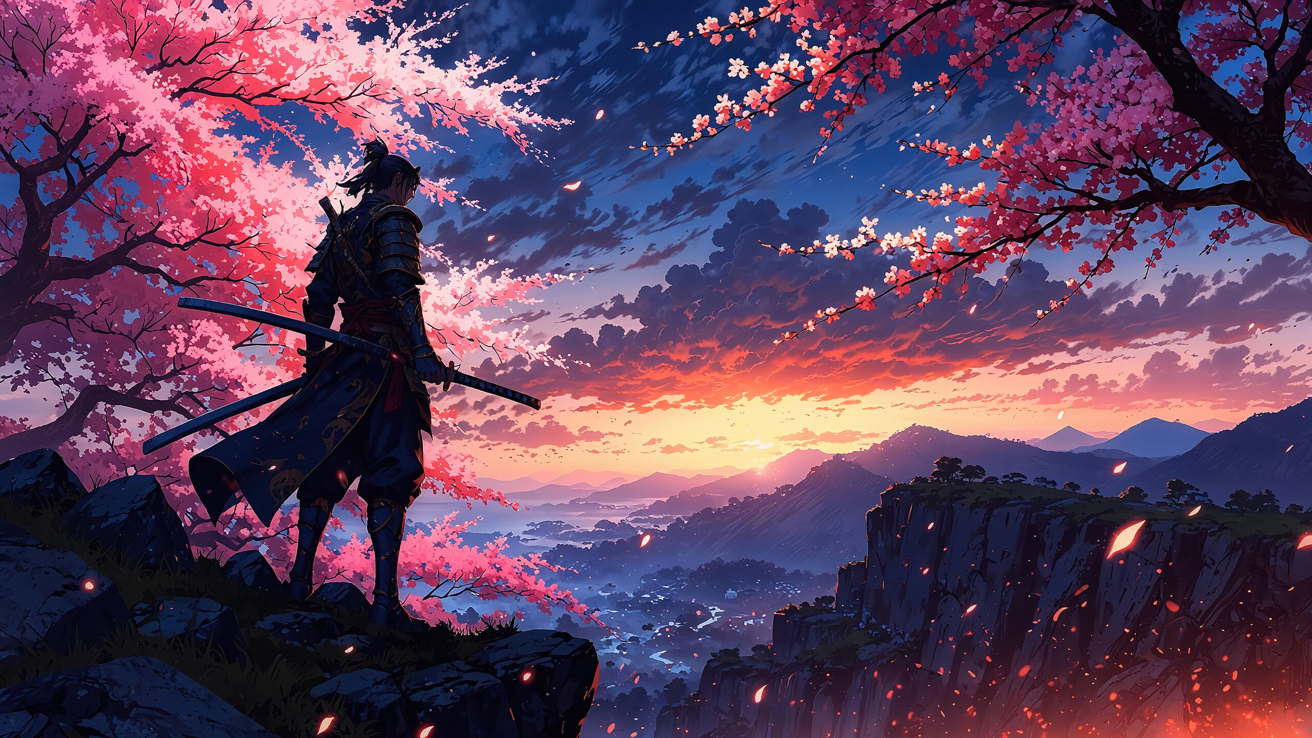 Samurai Cherry Blossom Sunrise Fantasy Wallpaper 4K HD PC b