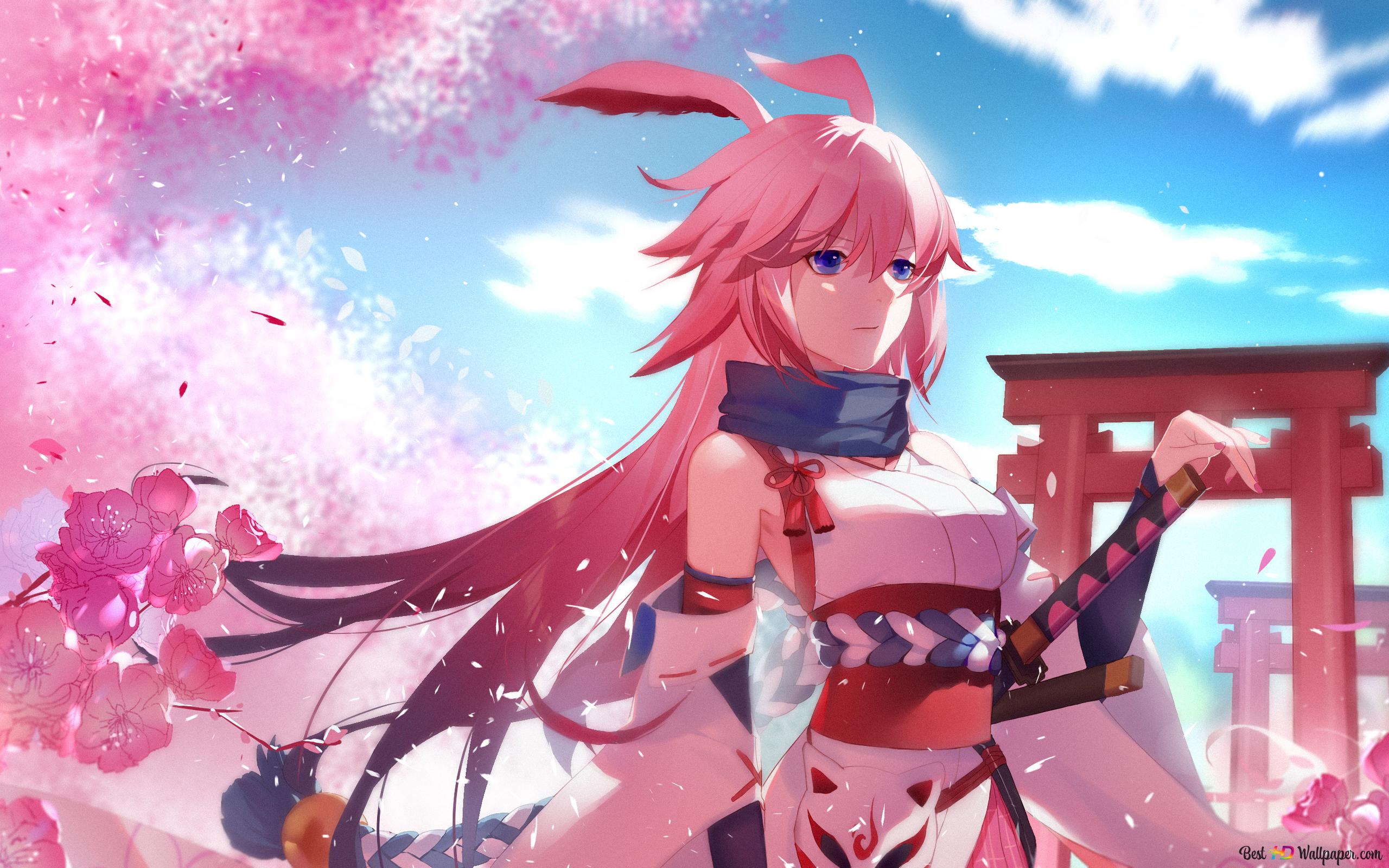 Anime, Beauty of samurai girl & cherry blossom 2K wallpaper download