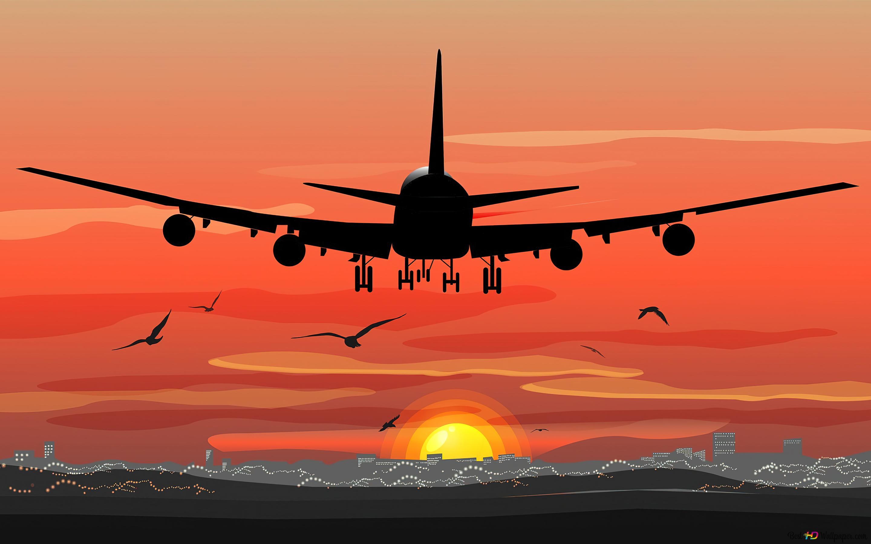 Airplane landing minimalist art 4K wallpaper download