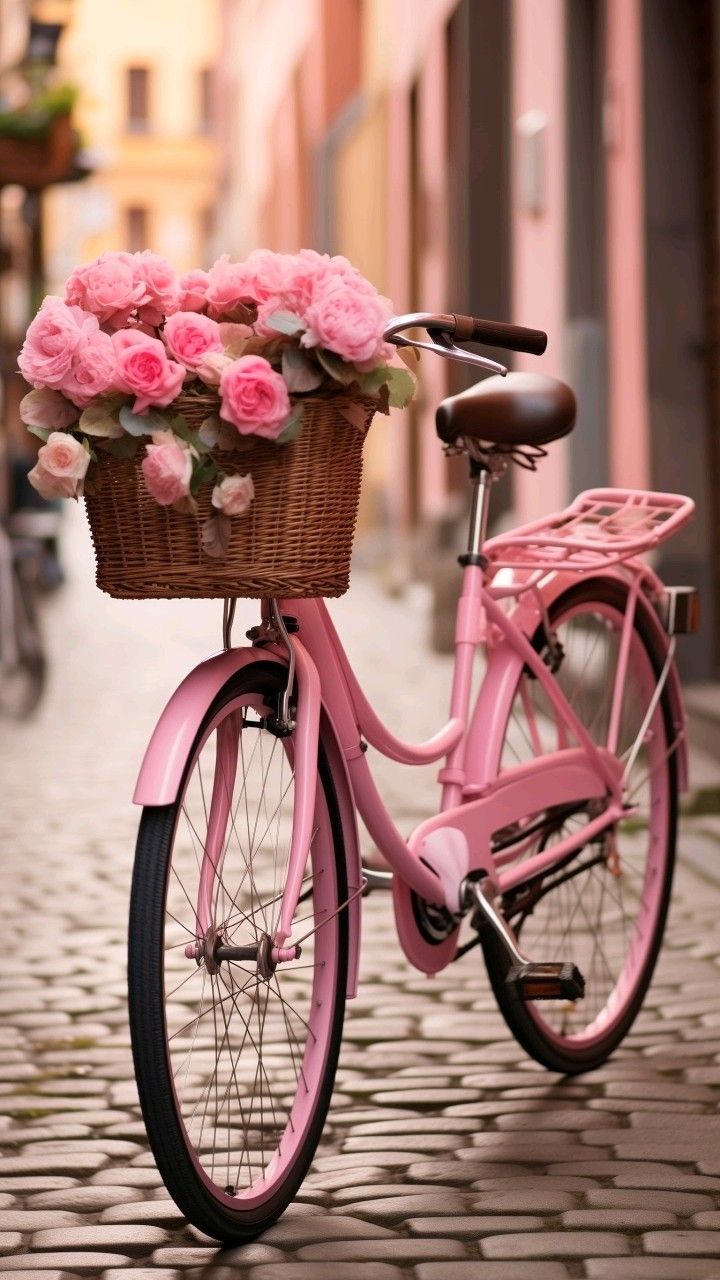 Pink Bicycle with Flowers in the Basket