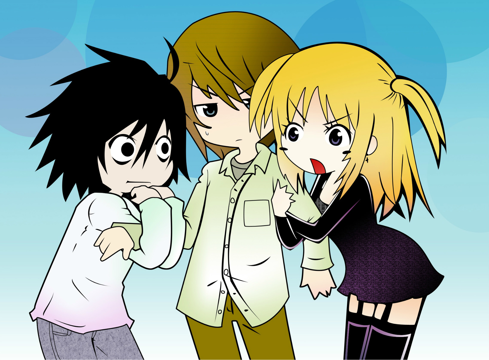 Wallpaper each, black dress, Kira, Death Note, Death Note, three, blue background, fight for mobile and desktop, section сёнэн, resolution 1956x1440