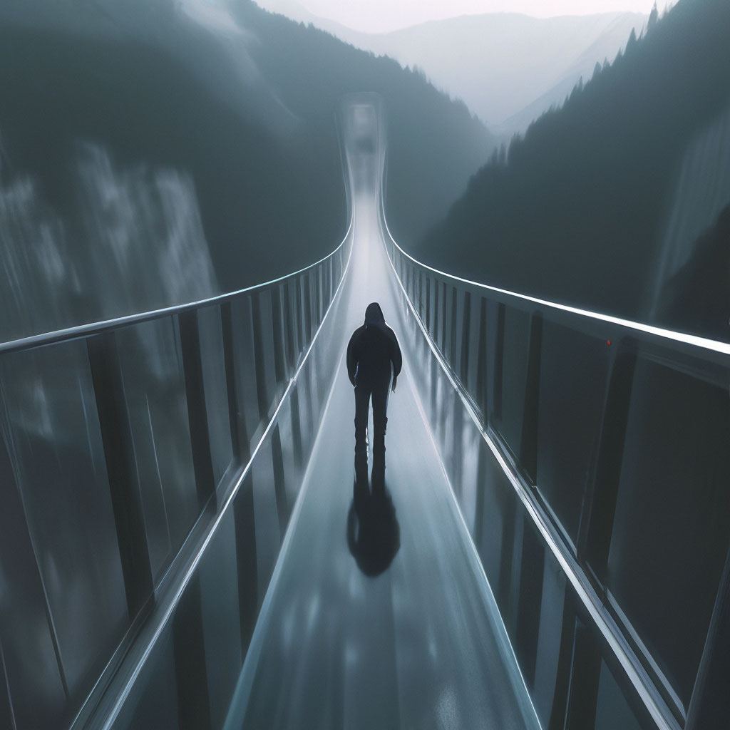 Acrophobia is a fear of heights. 4k, high resolution, high detail, dim lighting, grotesque, drawing, horror. A man
