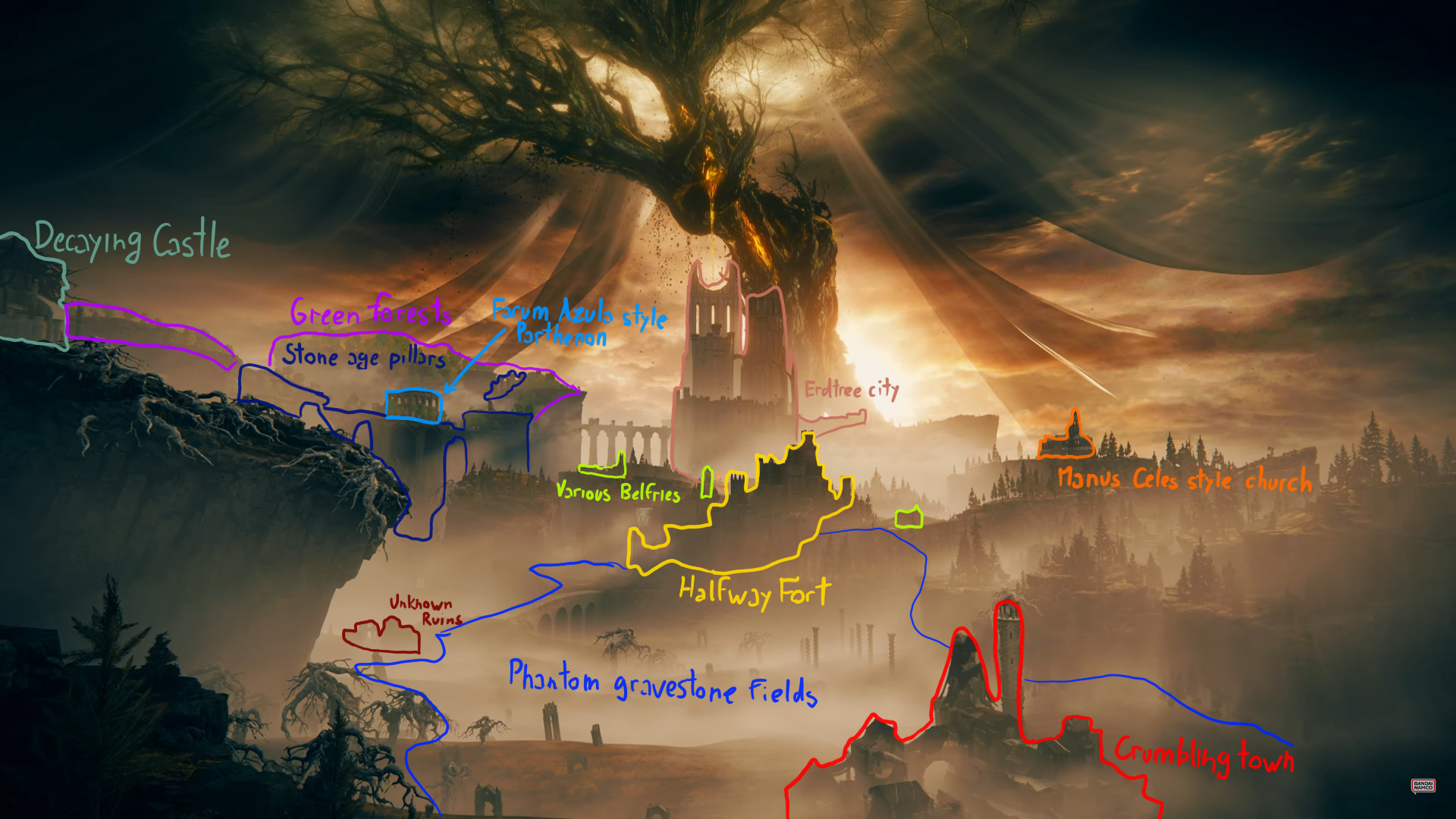Elden Ring DLC map speculation with attached reference image done solely by me, I just had to do it