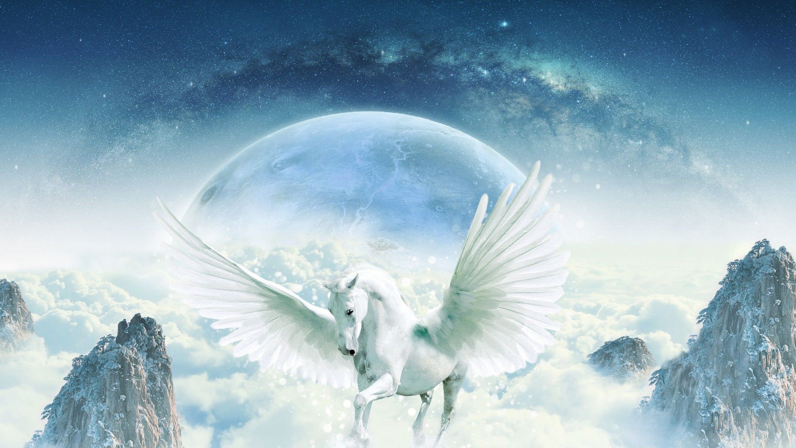 White Unicorn With Wings Between Mountains In Sky Background HD Unicorn Wallpaper