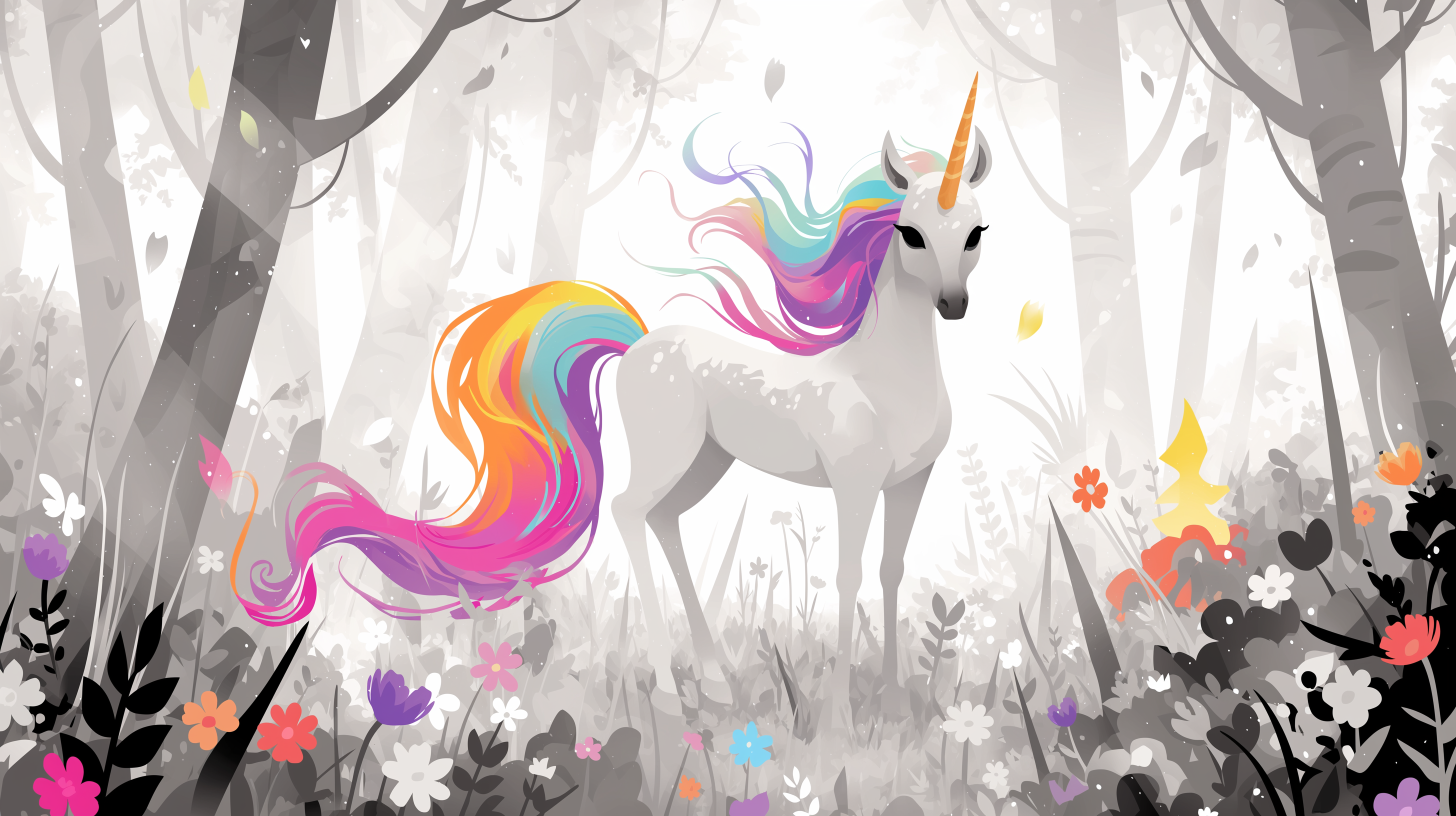 Unicorn Mural Wallpaper. Between Black and White and Colors