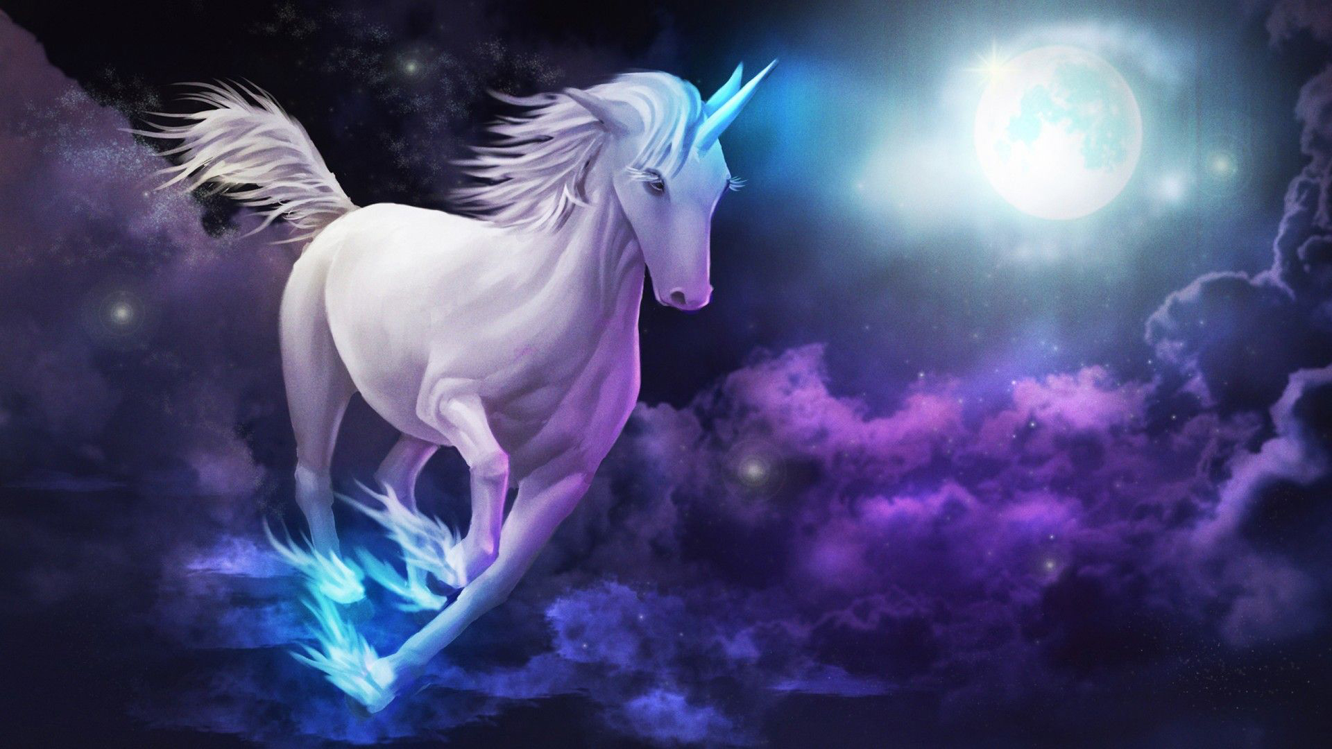 White Unicorn In Moon Sky Background HD Unicorn Wallpaper