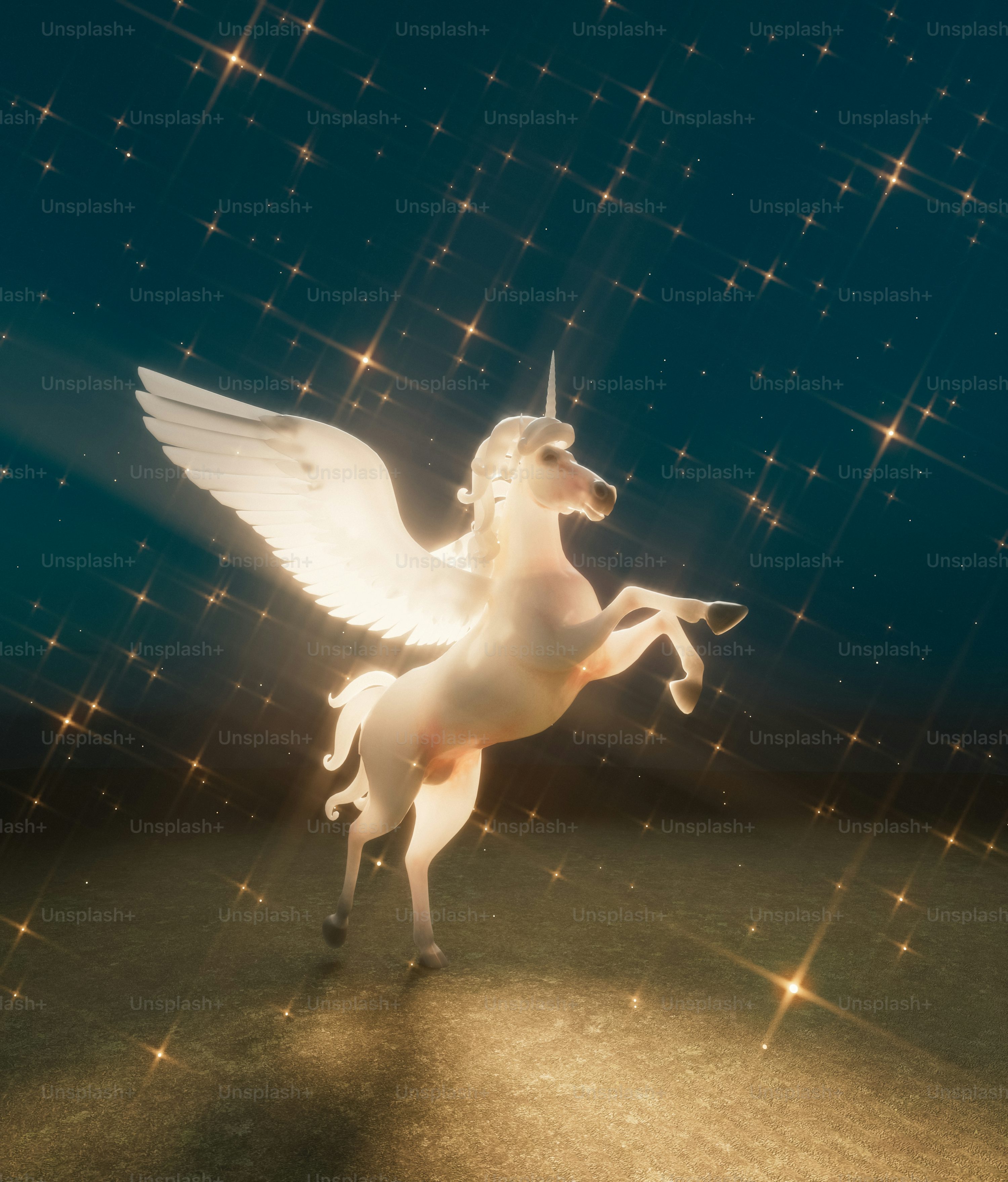 A pegasus unicorn stands in the starry night. photo