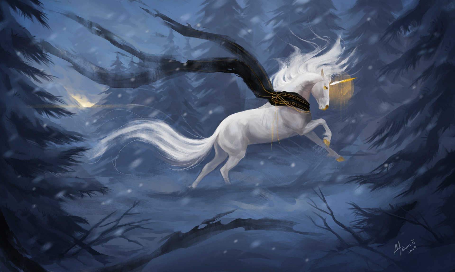 Enchanted Nightflight: HD Fantasy Unicorn Wallpaper