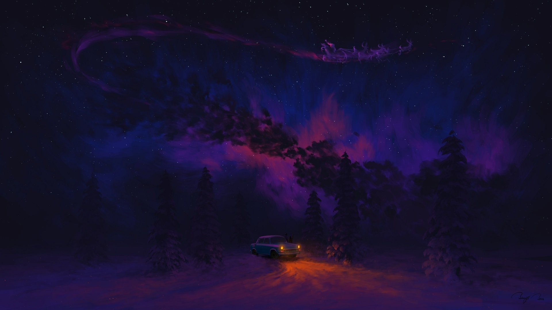 Download Christmas Snow Winter Car Forest Artistic Night Winter Night HD Wallpaper