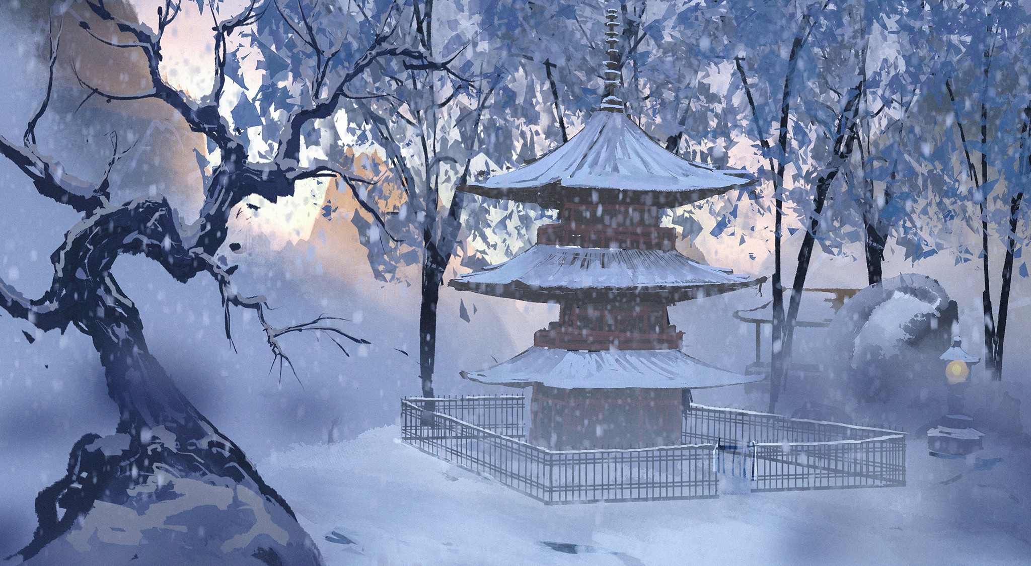Wallpaper snow, fence, pagoda, Japan, winter forest, Japanese Temple, by Surendra Rajawat for mobile and desktop, section живопись, resolution 2048x1125