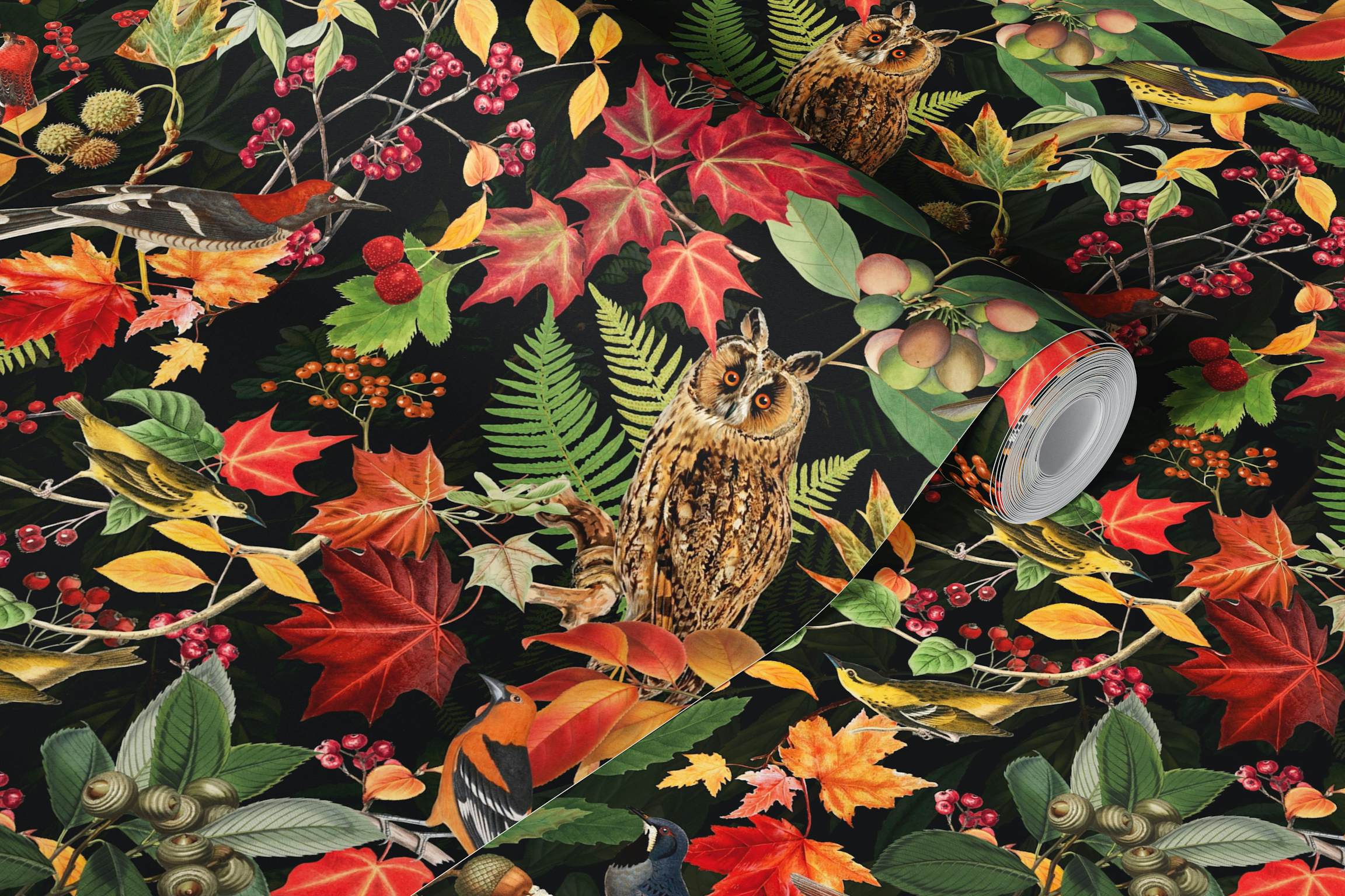 Autumn Owl Floral Wallpaper on Black