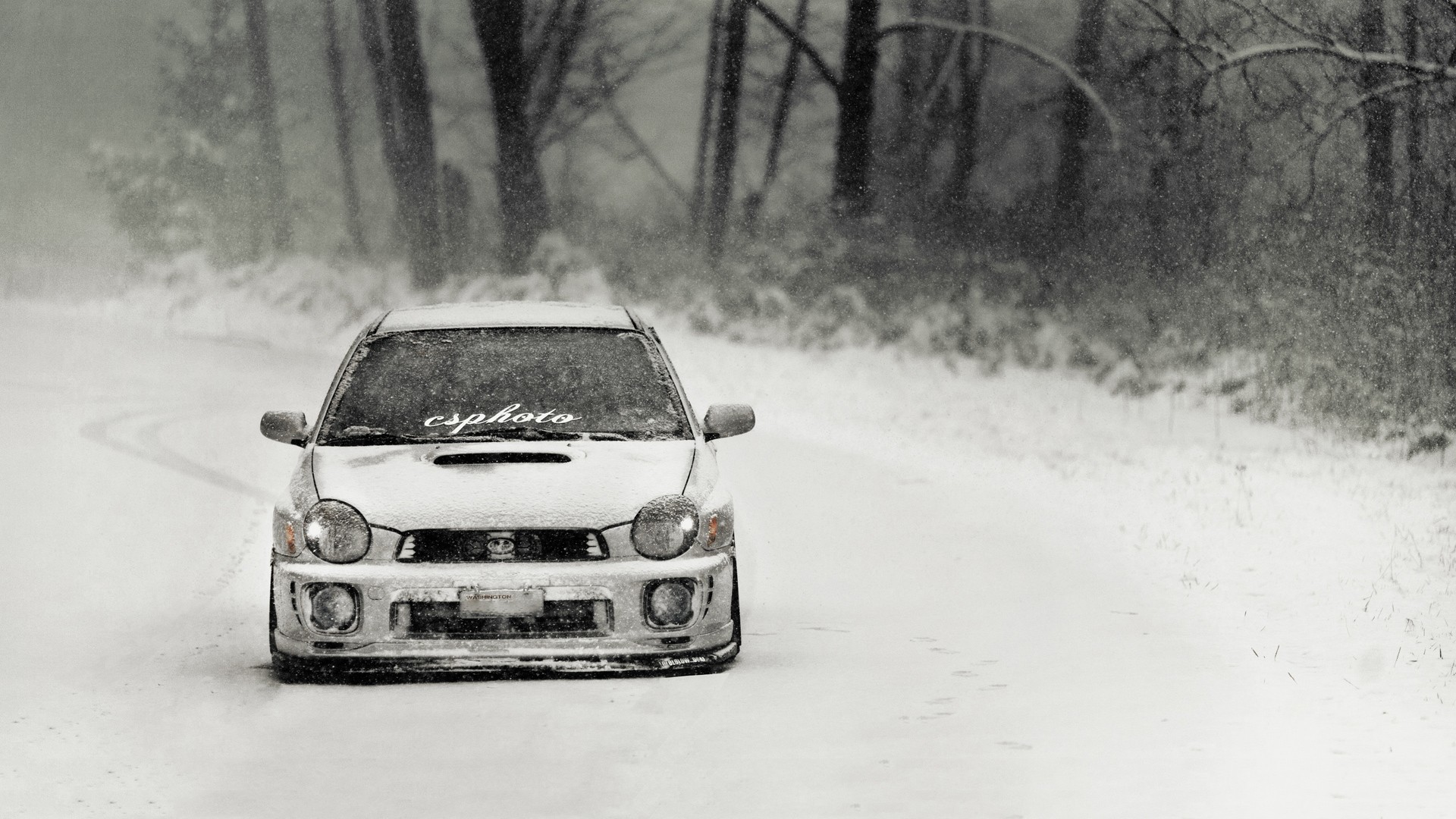 Subaru Impreza covered with snow on winter road Desktop wallpaper 1280x1024