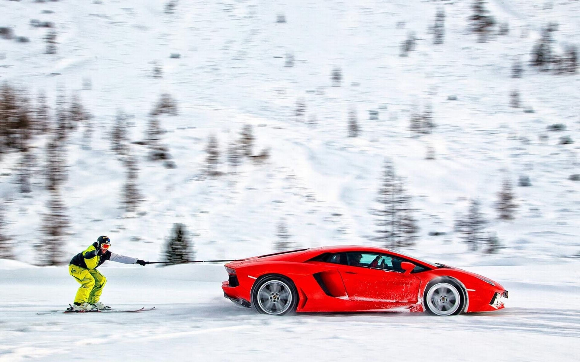 Desktop wallpaper: Funny, Vehicles, Lamborghini Aventador Lp 700 4, Humor, Ski, Snow, Winter, Lamborghini 4K free download for PC. 271616