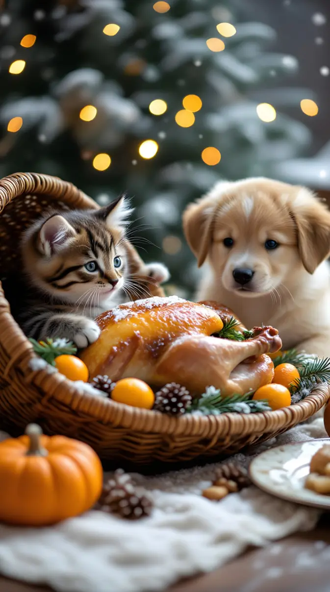 a cat and a dog in a basket with food wallpaper