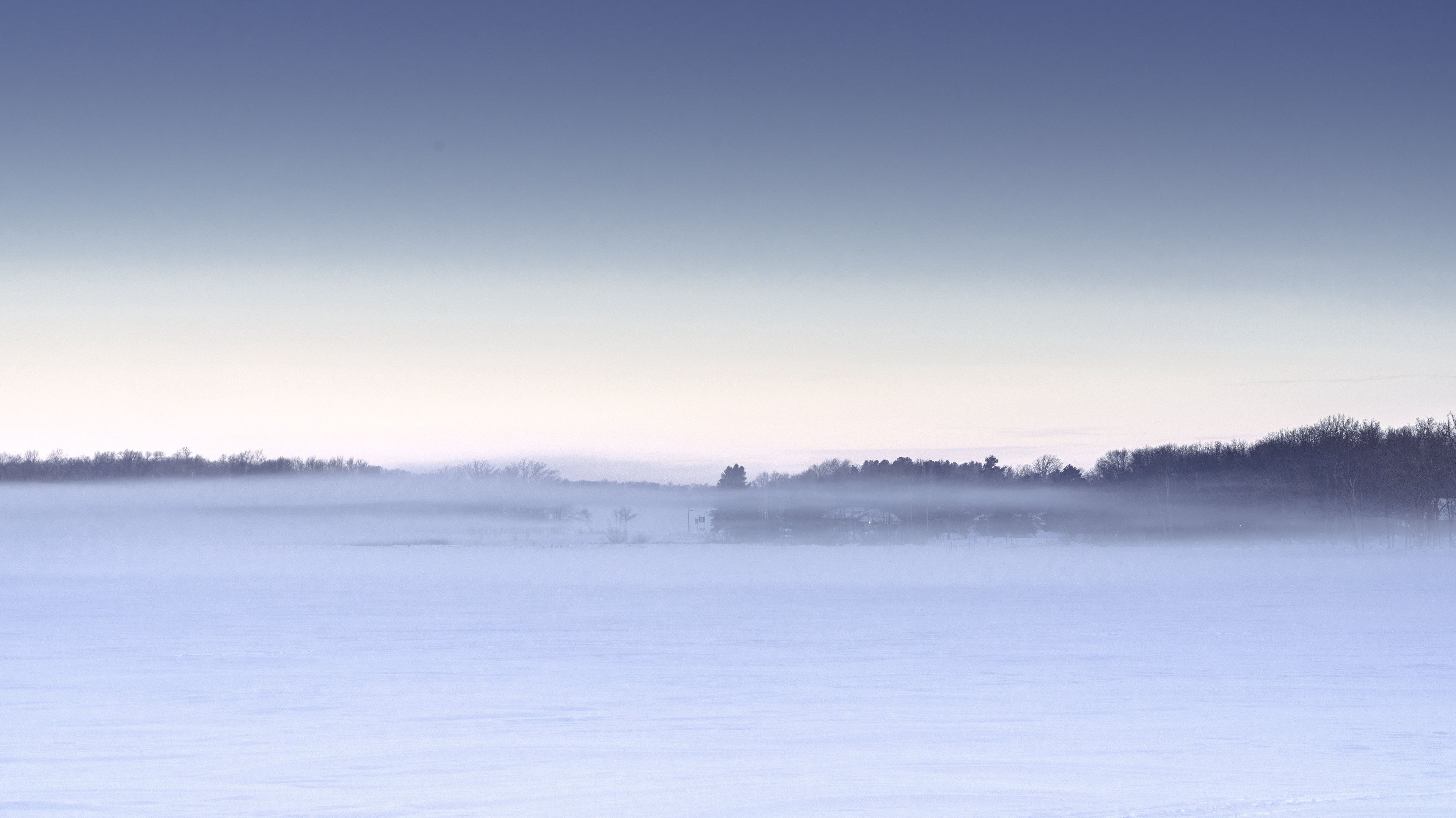Download wallpaper 3840x2160 field, snow, fog, winter, landscape, white 4k uhd 16:9 HD background
