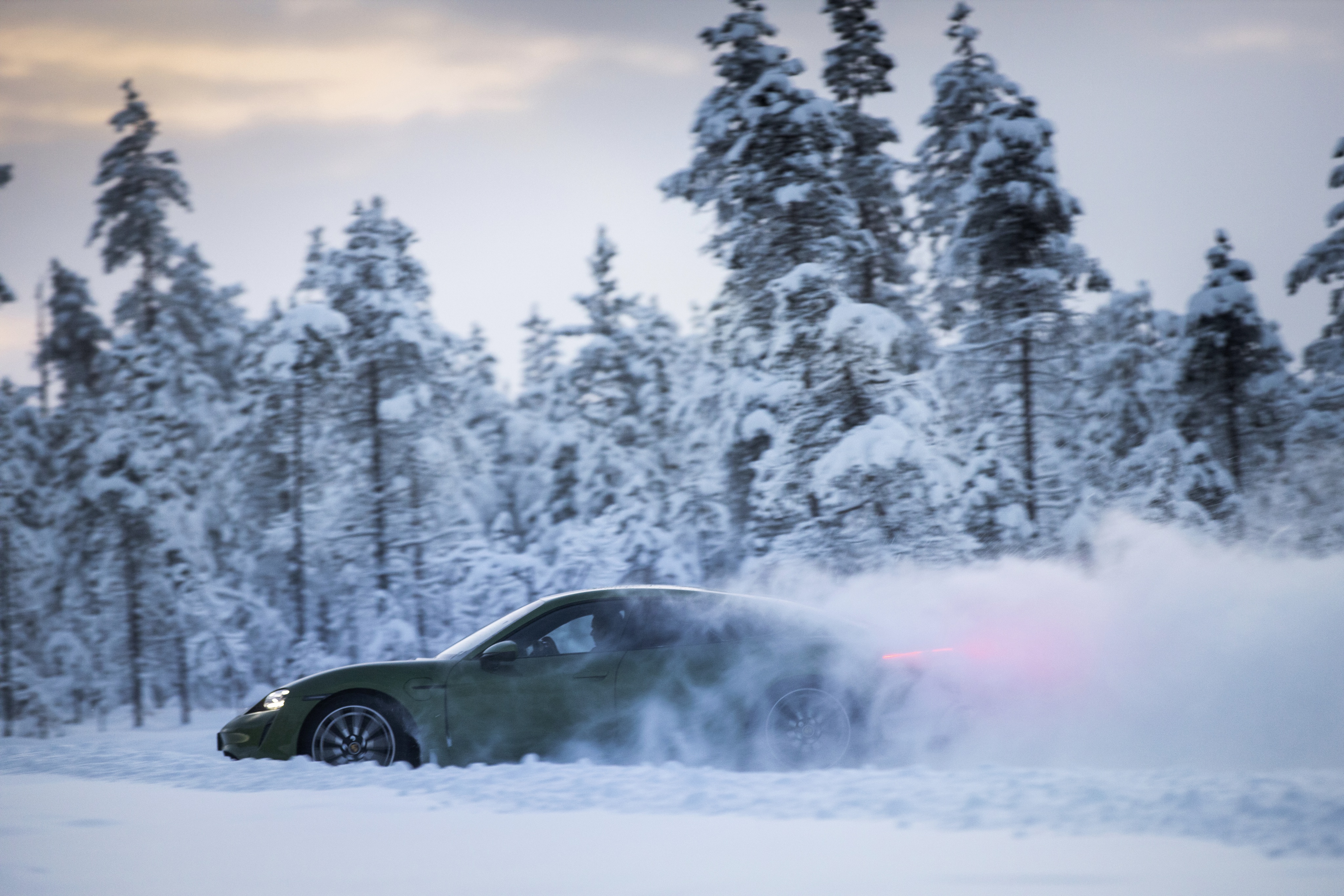 Download Green Car Winter Car Porsche Snow Vehicle Porsche Taycan 4S 4k Ultra HD Wallpaper