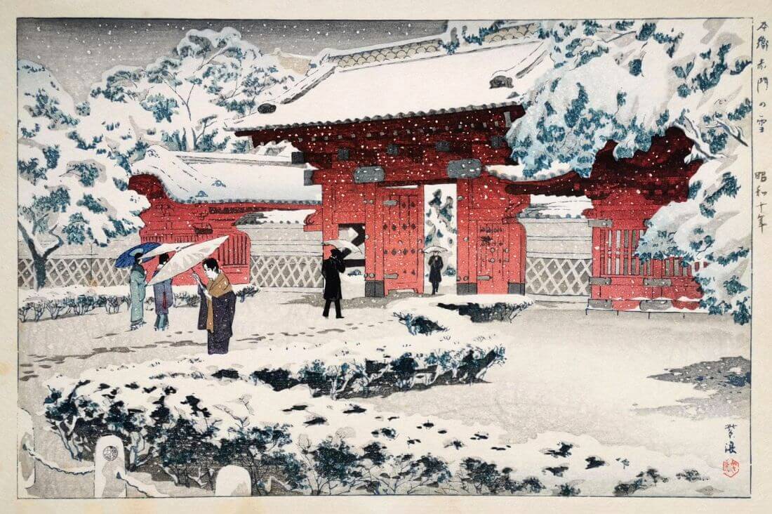 Red Gate At Hongo In Snow Shiro Woodblock Ukiyo E Art Print