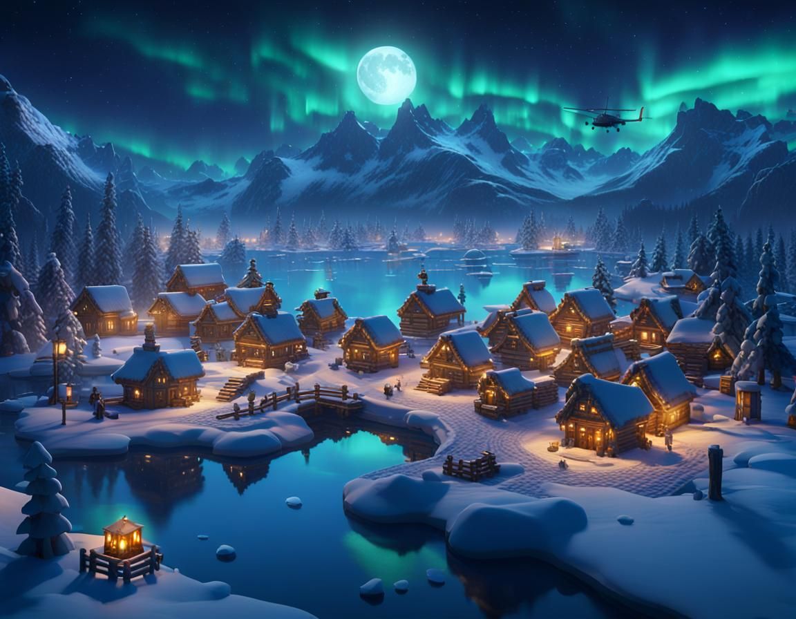 snowy minecraft village with polar lights
