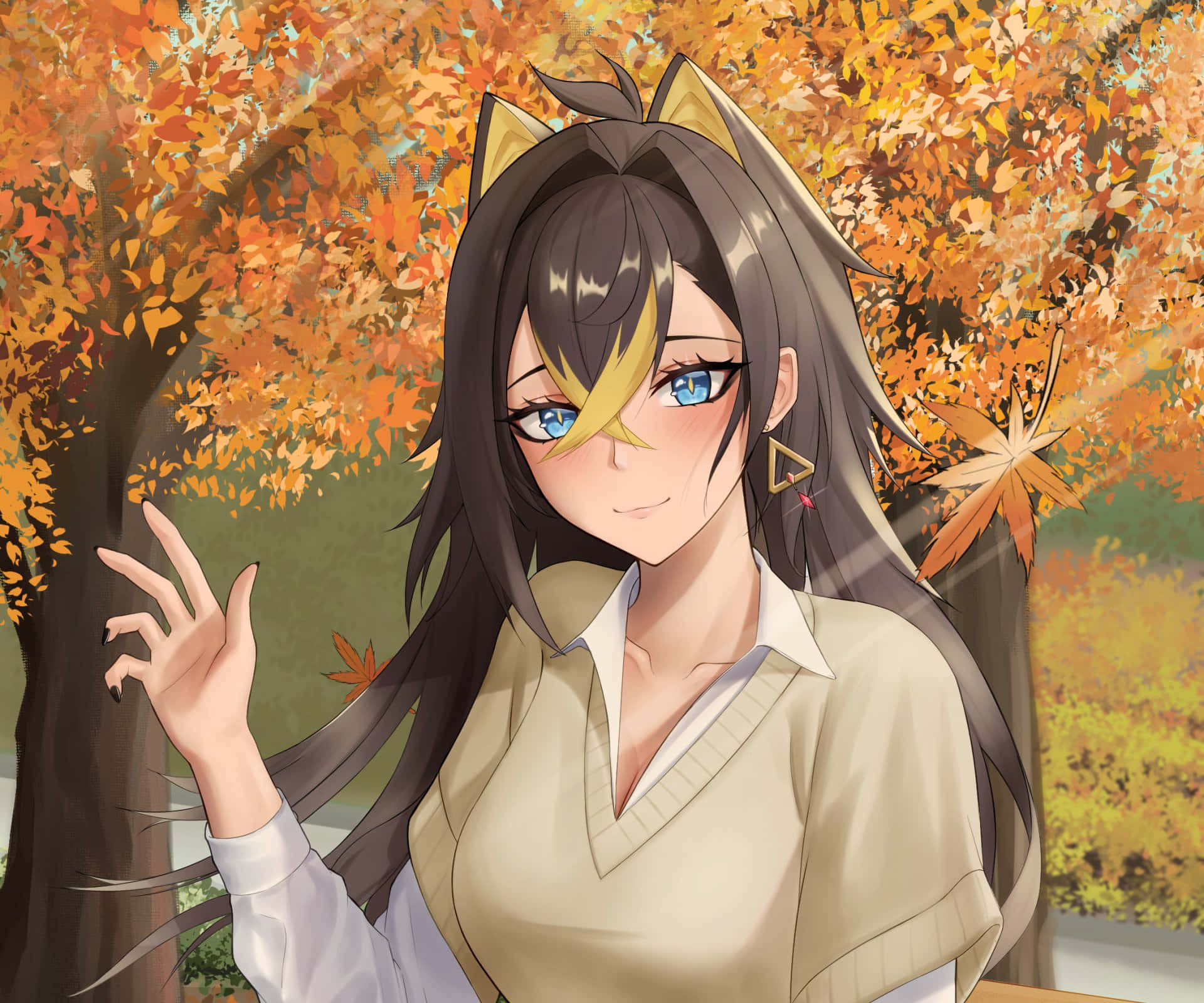 Download Autumn Anime Girl With Cat Ears Wallpaper