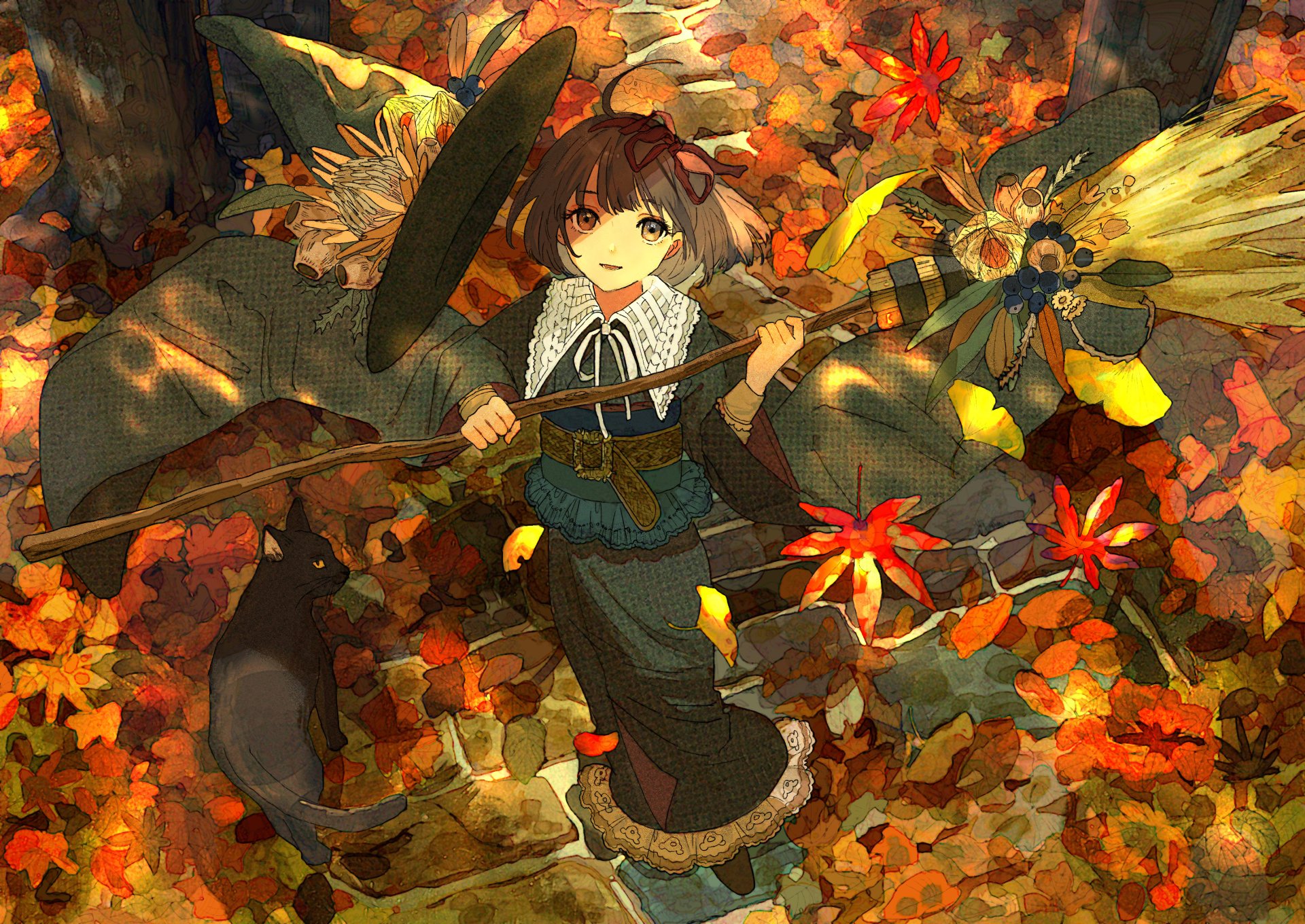 Download Witch Hat Broom Cat Witch Anime Girl Anime Girl Anime Cat HD Wallpaper