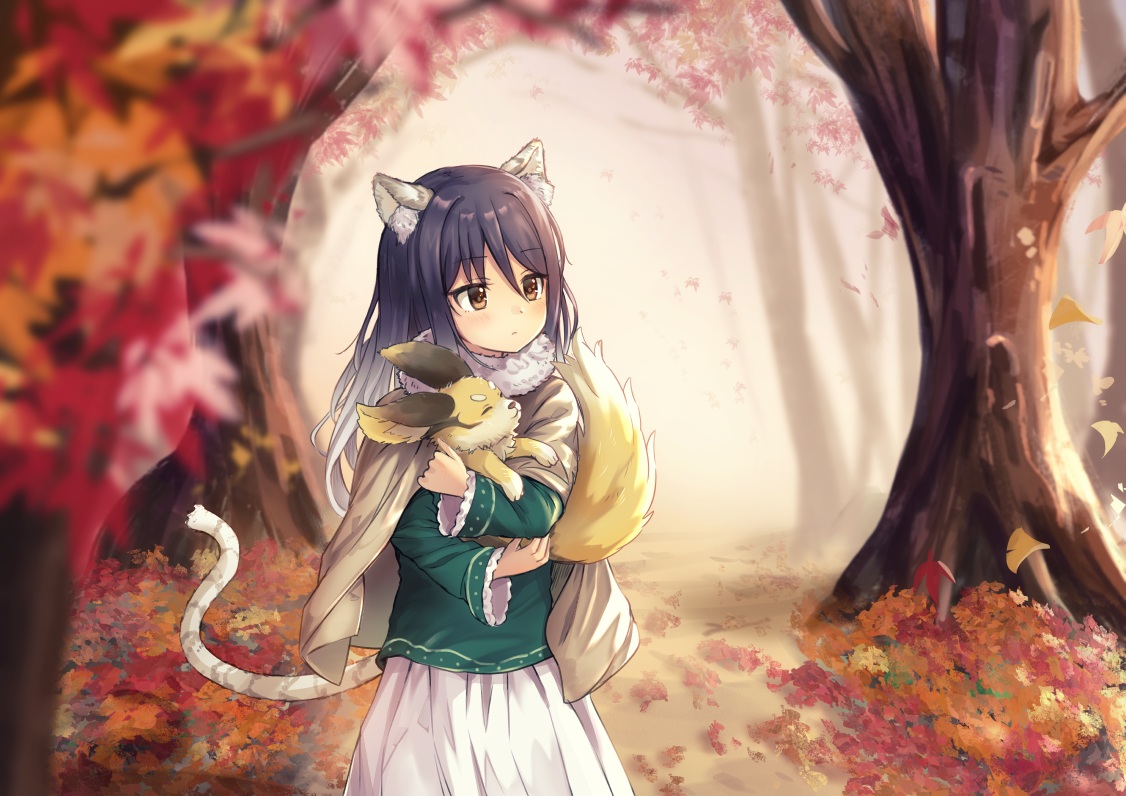 animal animal ears autumn black hair blush brown eyes cape catgirl dargo forest kashiwazaki shiori leaves long hair princess connect! skirt tail tree. konachan.net.com Anime Wallpaper