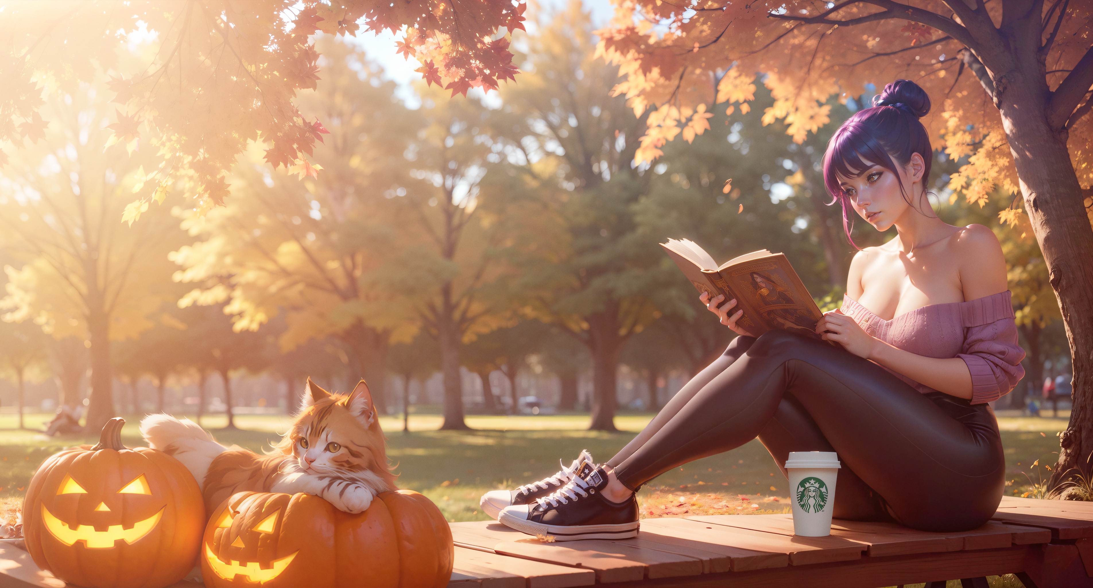 Wallpaper autumn, cat, girl, Park, coffee, sneakers, pumpkin, Halloween for mobile and desktop, section арт, resolution 3808x2048