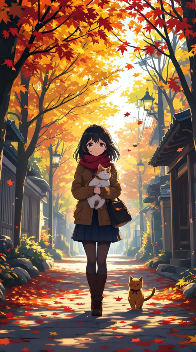 Autumn Girl with a cat wallpaper