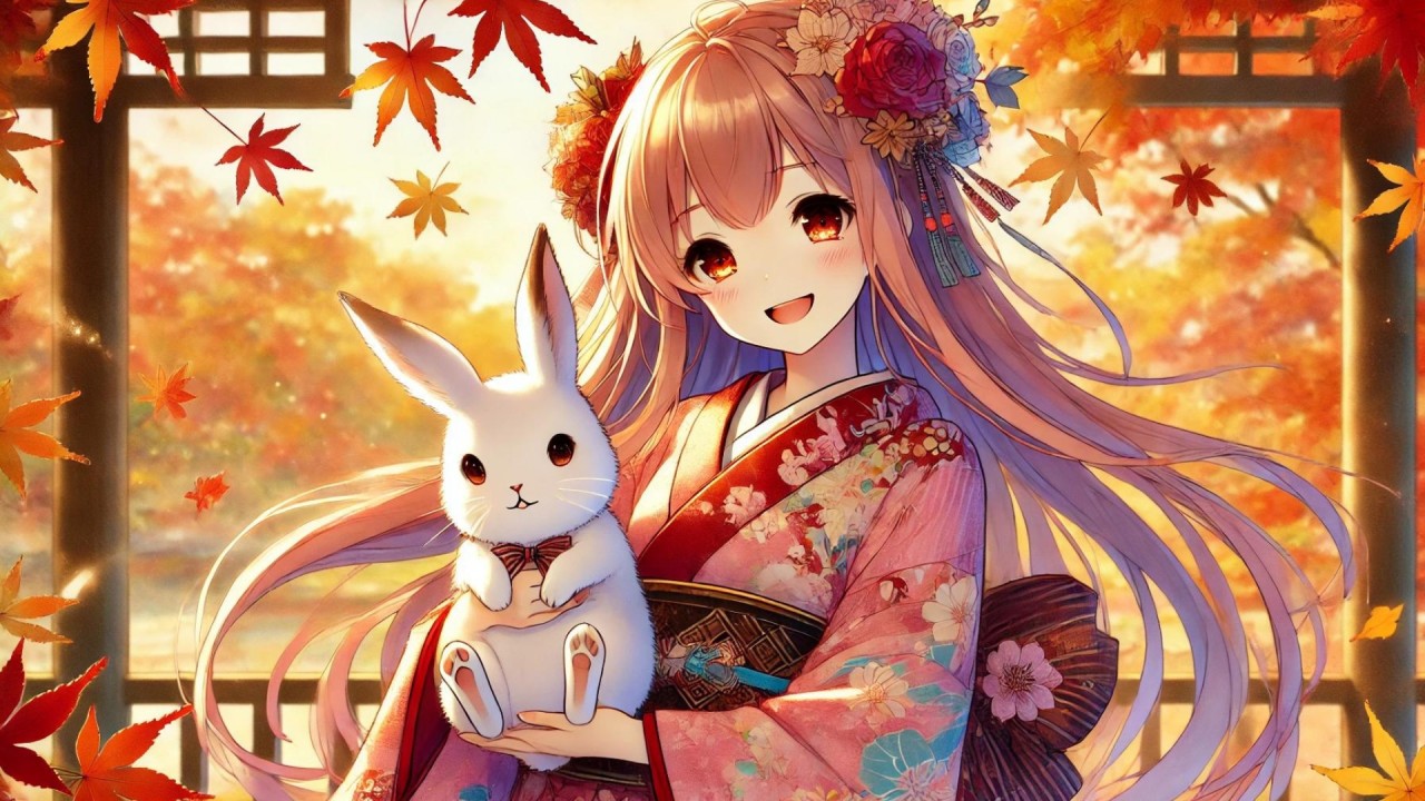 Anime Style Illustration Of A Smiling Girl Wearing A Kimono, Holding A Rabbit. The Setting Is In Autumn With Colorful Fall Leaves In The Background HD Anime Girl Wallpaper. HD Wallpaper