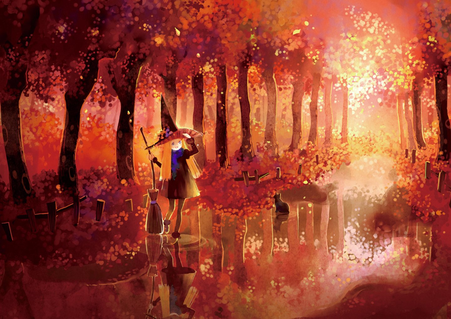 fantasy, Long, Hair, Cat, Animal, Forest, Red, Dress, Girl, Beautiful, Witch Wallpaper HD / Desktop and Mobile Background