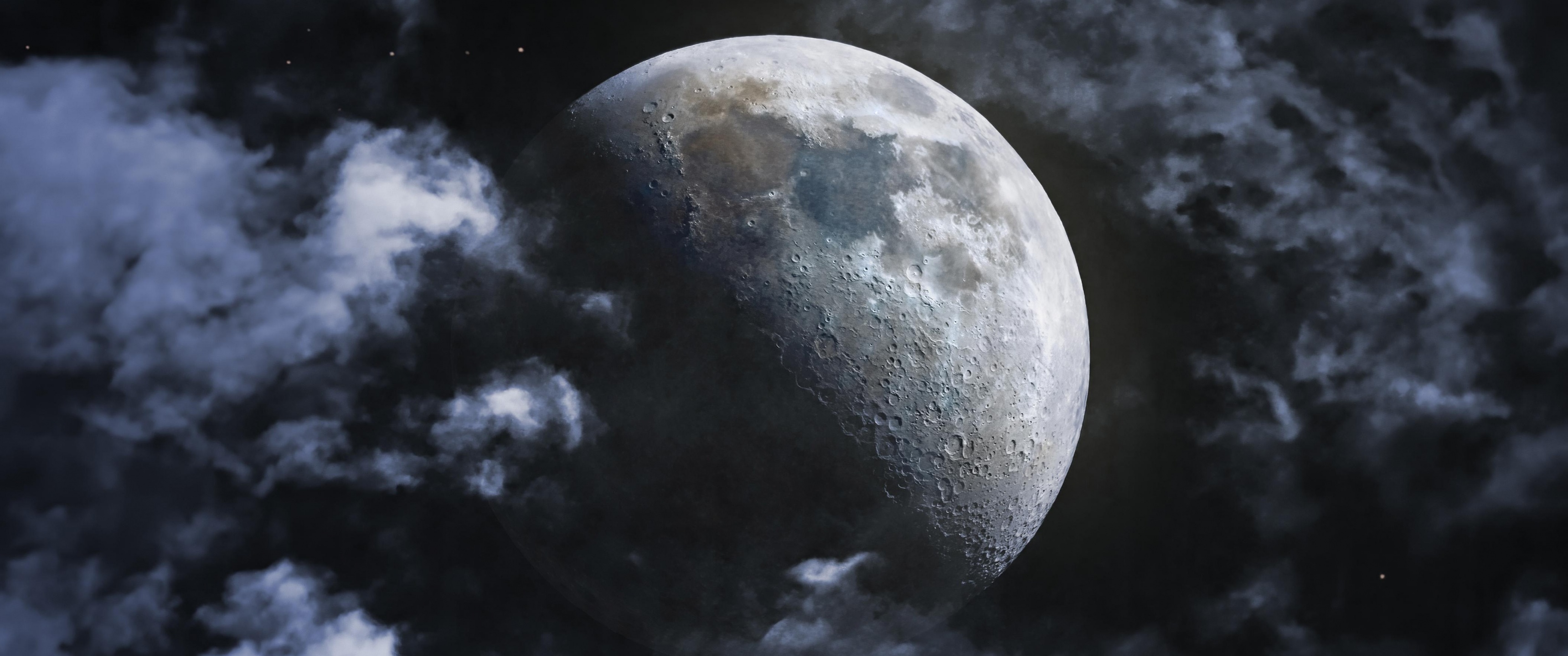 Moon Wallpaper 4K, Lunar craters, Clouds