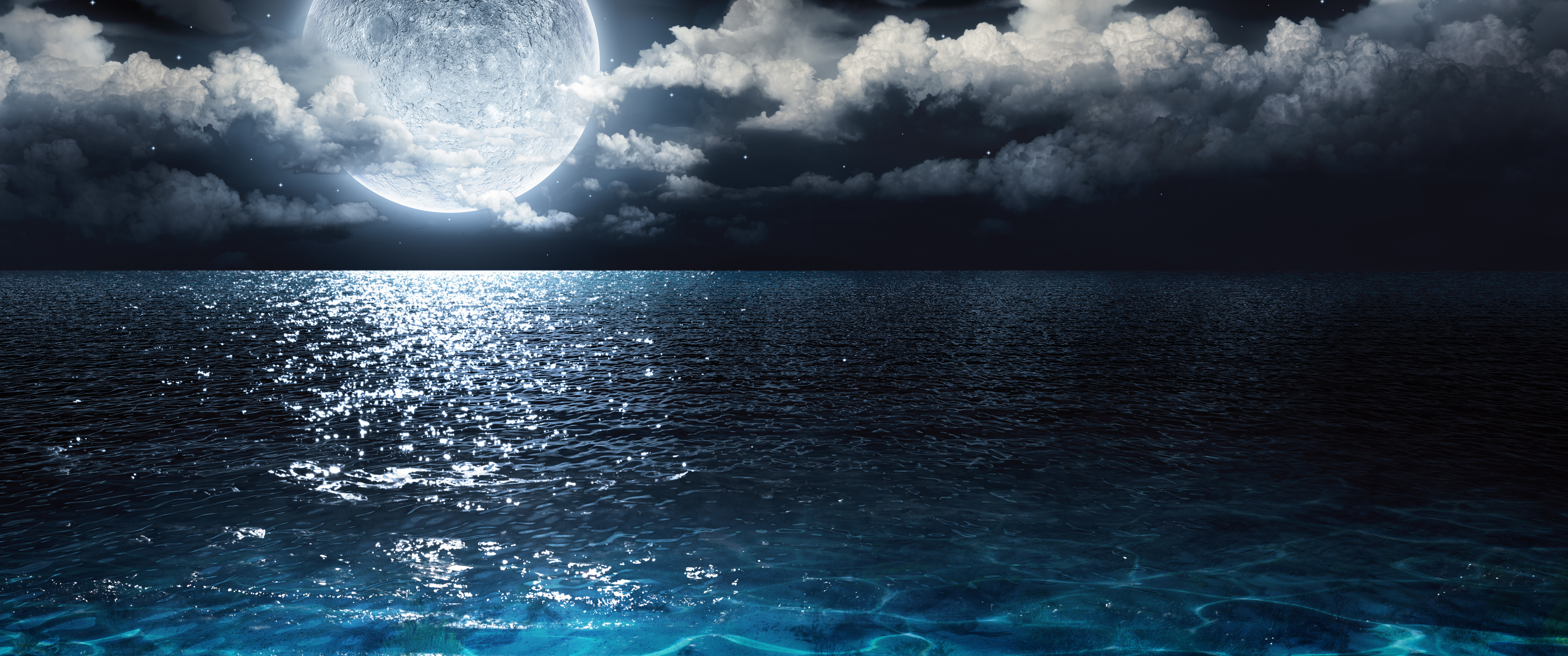Download Moon over the ocean, Moon, Ocean, Night, Clouds, 3D Wallpaper in 3440x1440 Resolution