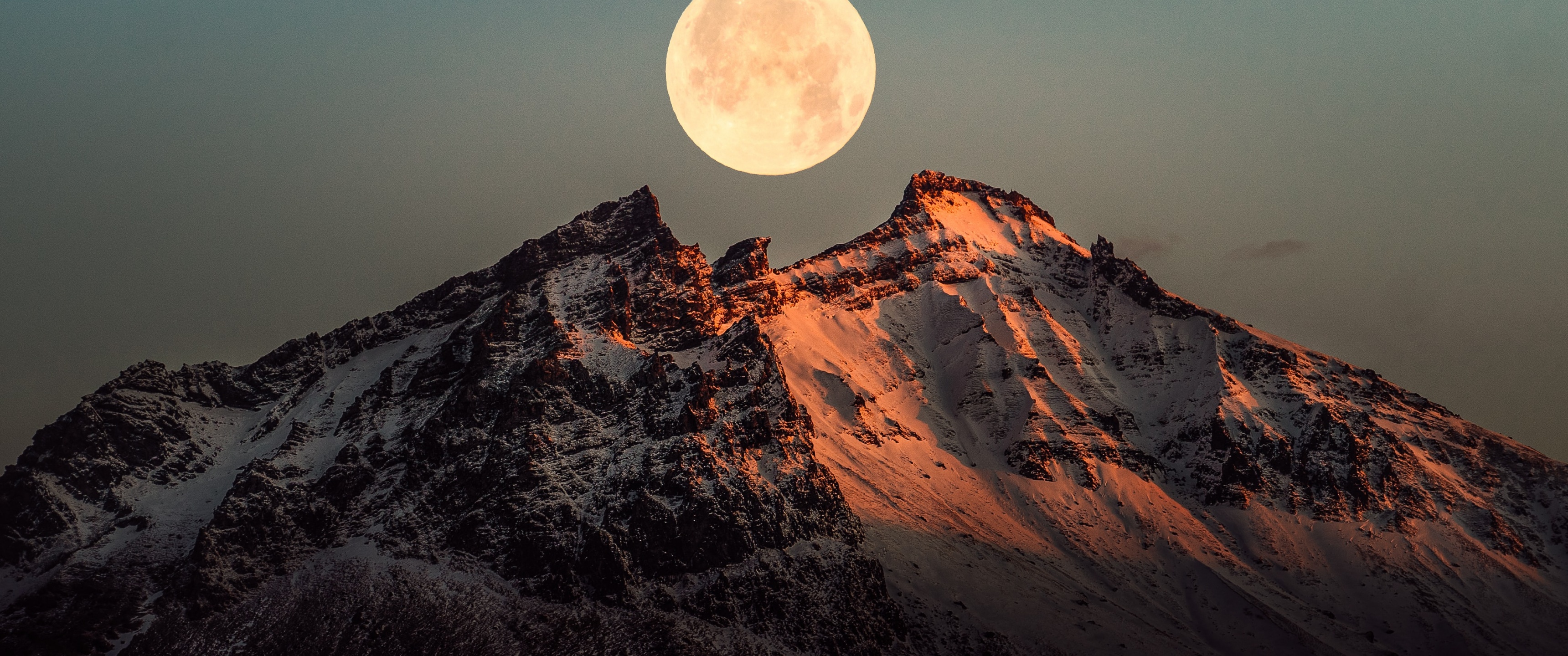 Full moon Wallpaper 4K, Mountain Peak, Snow covered