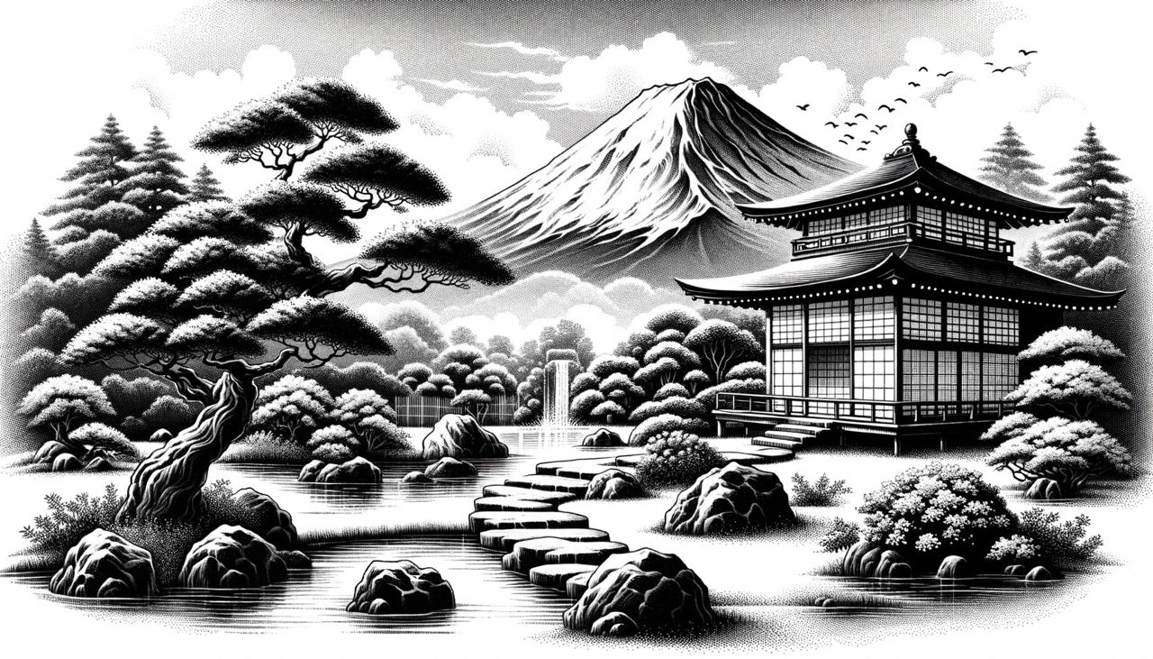 Black and White Japanese Mural Wallpaper. Drawing of a Temple at the