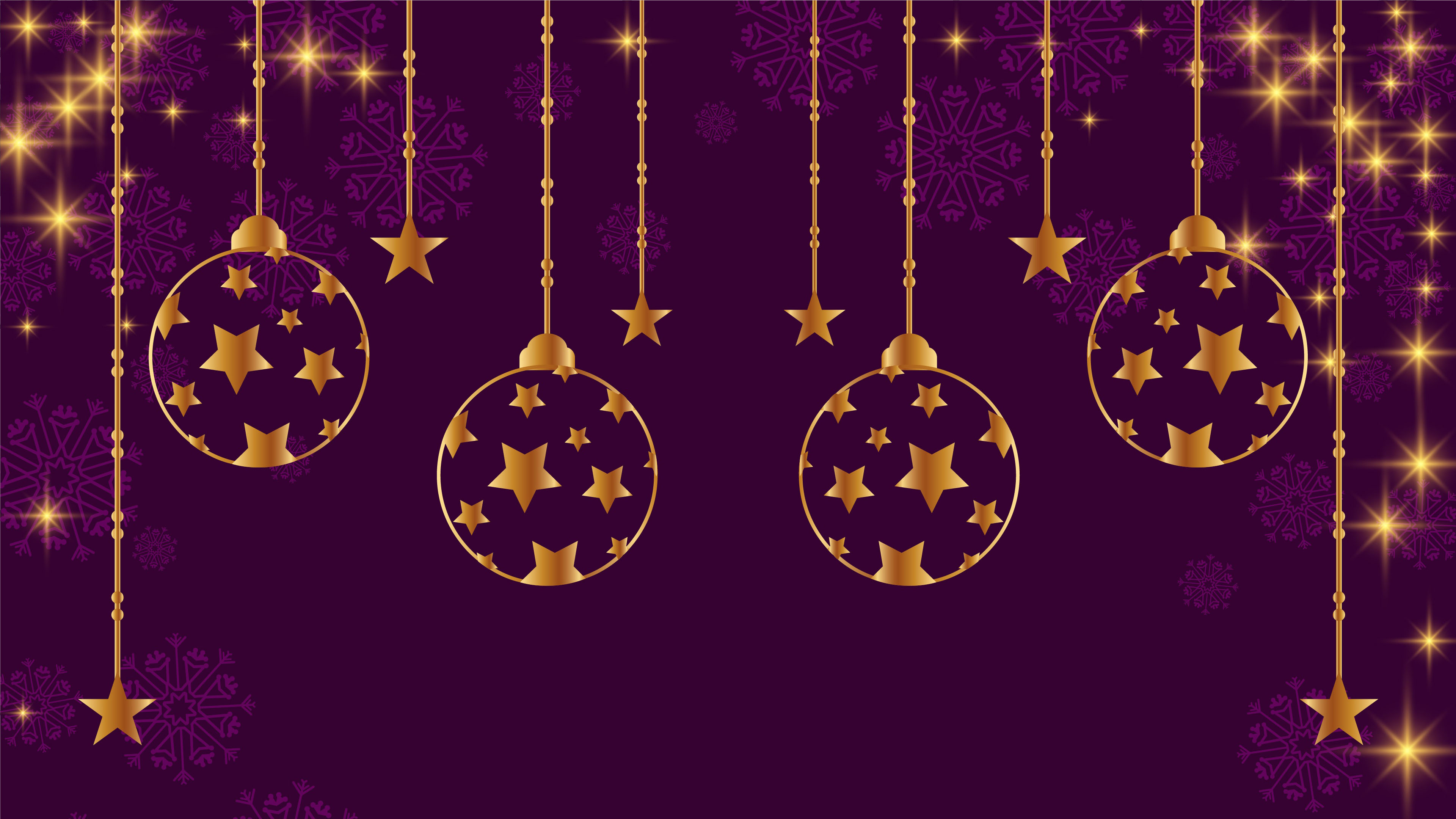 Christmas Stars Decoration Balls Ornaments In Purple Background 4K HD Christmas Wallpaper