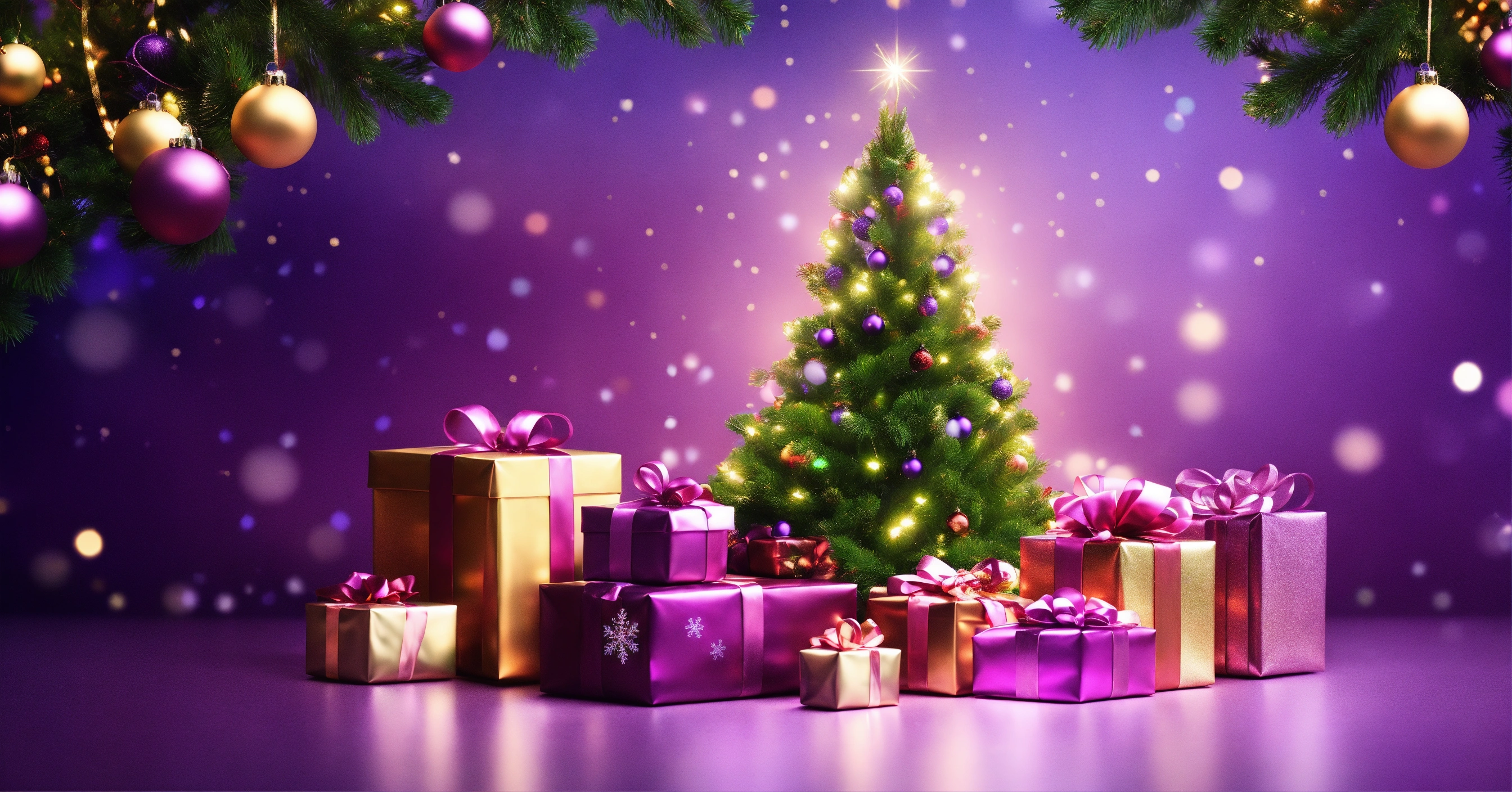 Create An A Photo Realistic Purple Christmas Background With Bokeh Lights And Christmas Tree And Gifts, New Year Or X Mas Purple Banner Boke