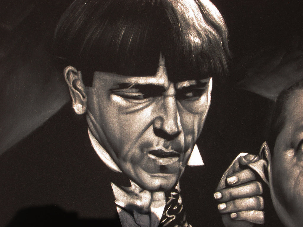 Three Stooges; Moe, Larry Fine, and Curly Howard; Original Oil painting on Black Velvet by Zenon Matias Jimenez- #JM121