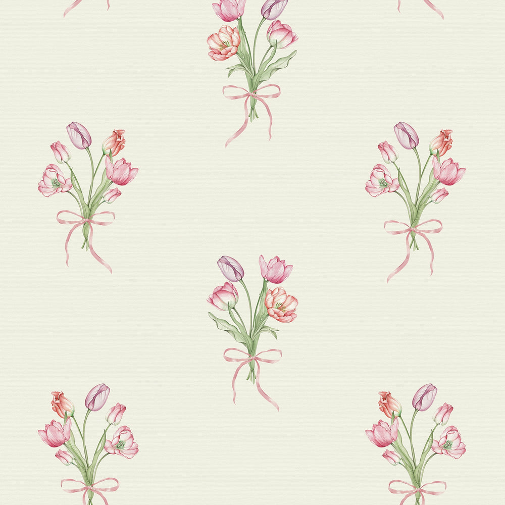 Sample of Tulip Bouquet Wallpaper in Red, Pink and Purple on Vintage C