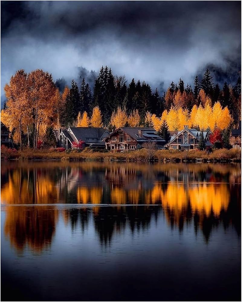 Autumn Lake Cabin In The Woods Forrest Cabin Photo Print, Foliage Leaves Lake House Wall Decor Picture Art For Living Room Decor, Home Decor, Office Decor, or Cabin Decor