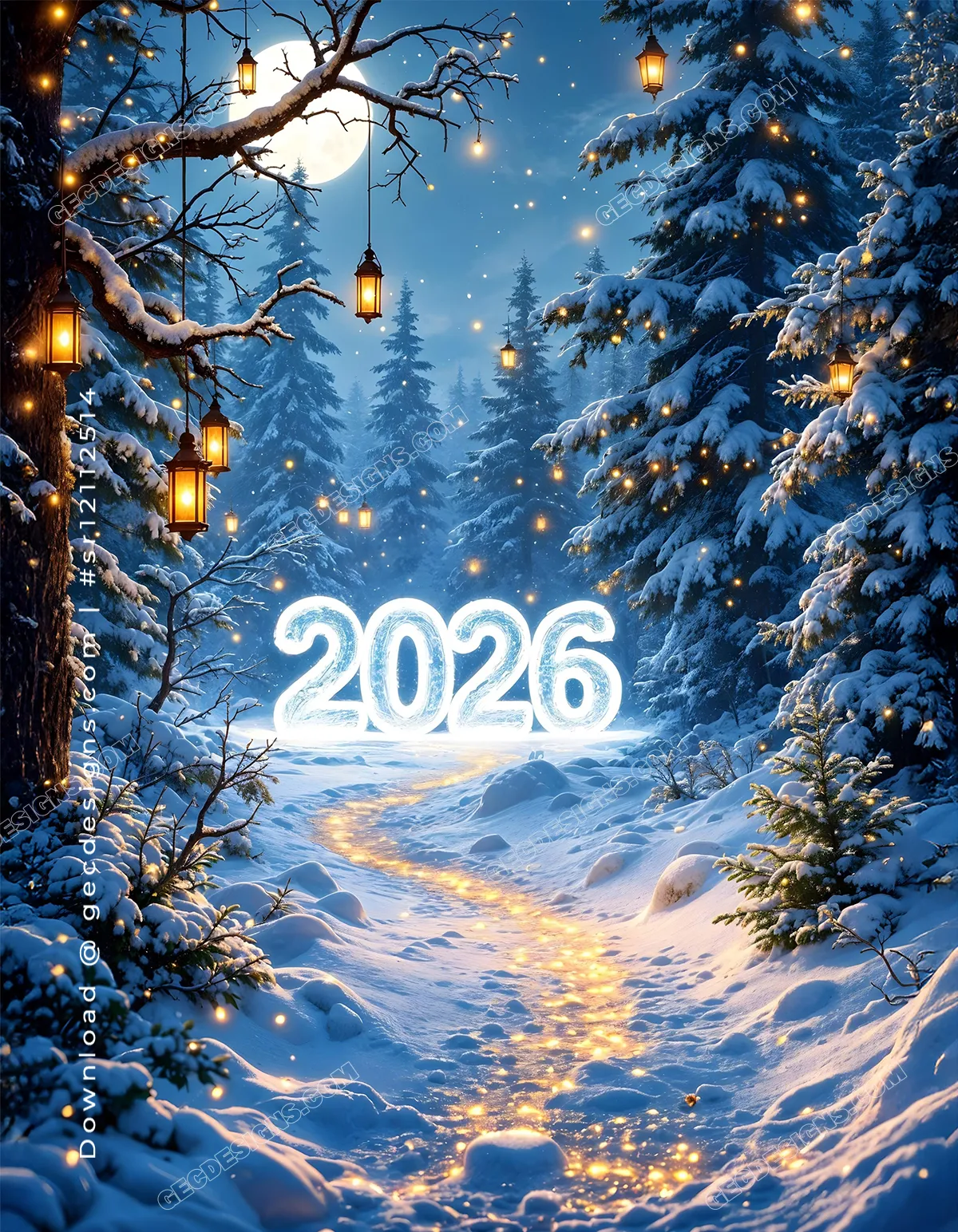 Enchanting Winter Happy New Year 2026 Scene with Snow, Lanterns, and Moonlight Glow