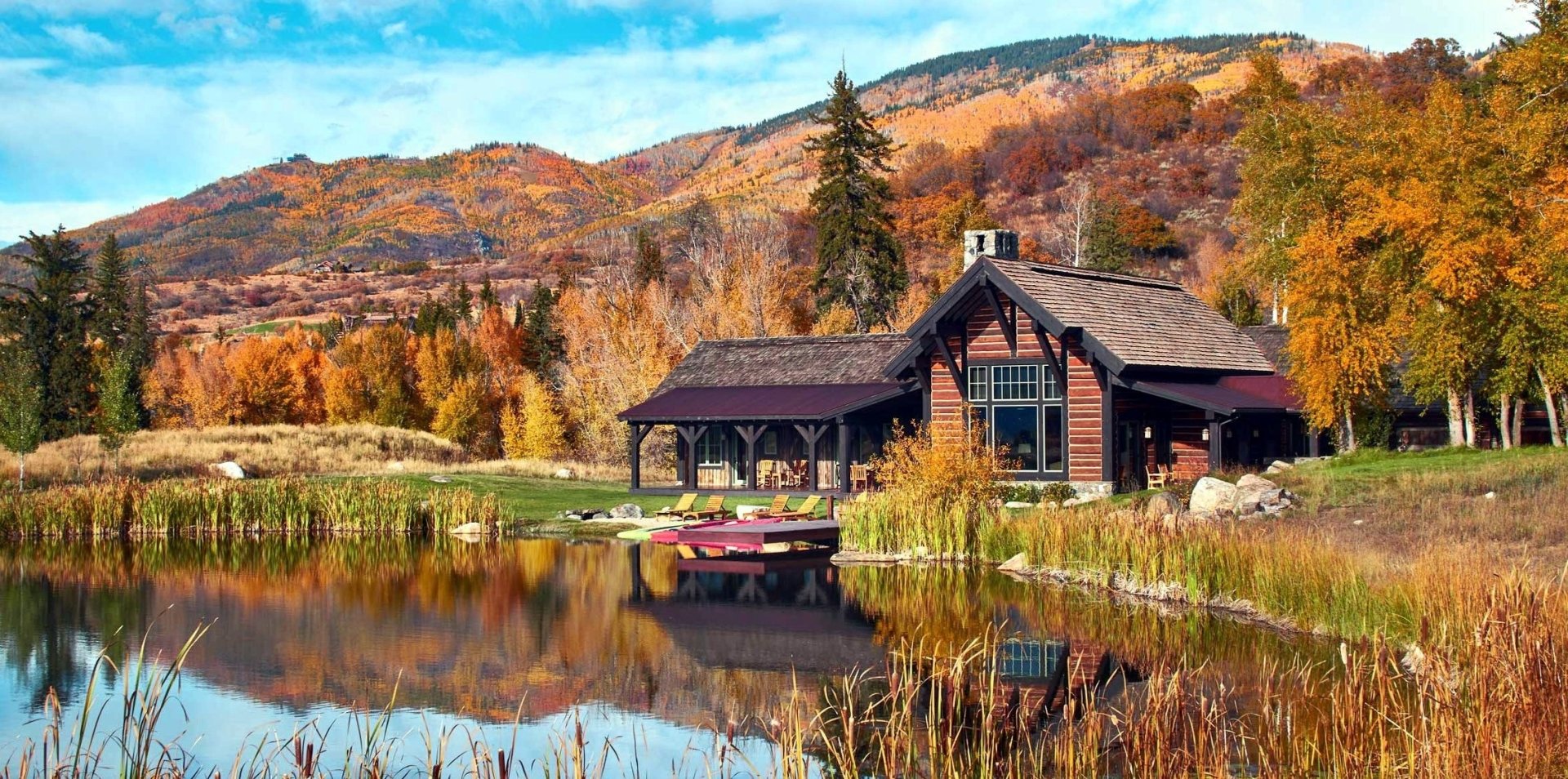 Cozy Lakeside Mountain Cabin HD Wallpaper: Serene Man Made Retreat In Autumn Colors