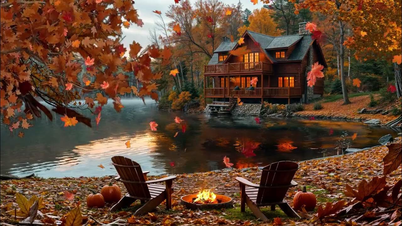 Autumn Cabin by the Lake. Cozy Fireplace, Pumpkins, and Fall Foliage Vibes
