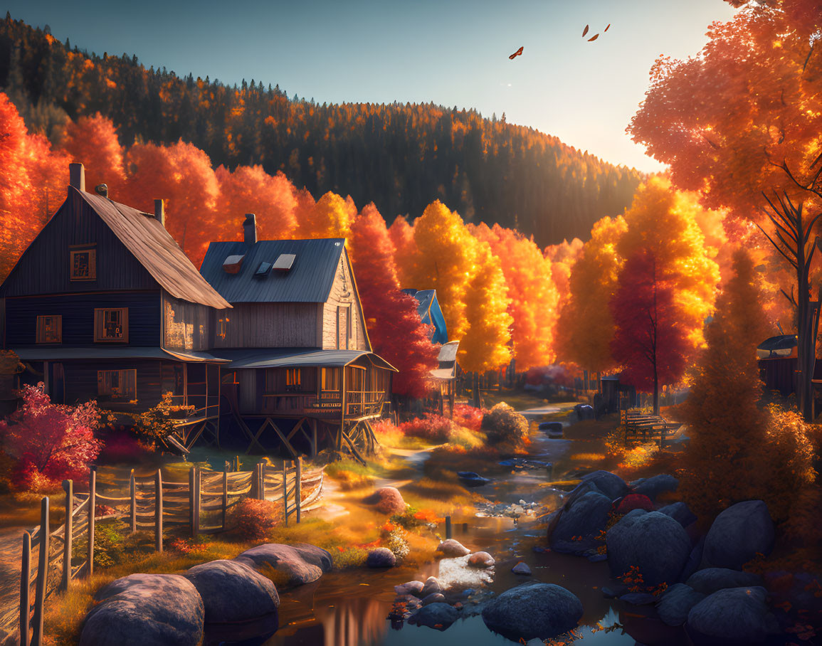 Tranquil autumn landscape with stream, wooden house, orange trees, and falling leaves. Deep Dream Generator