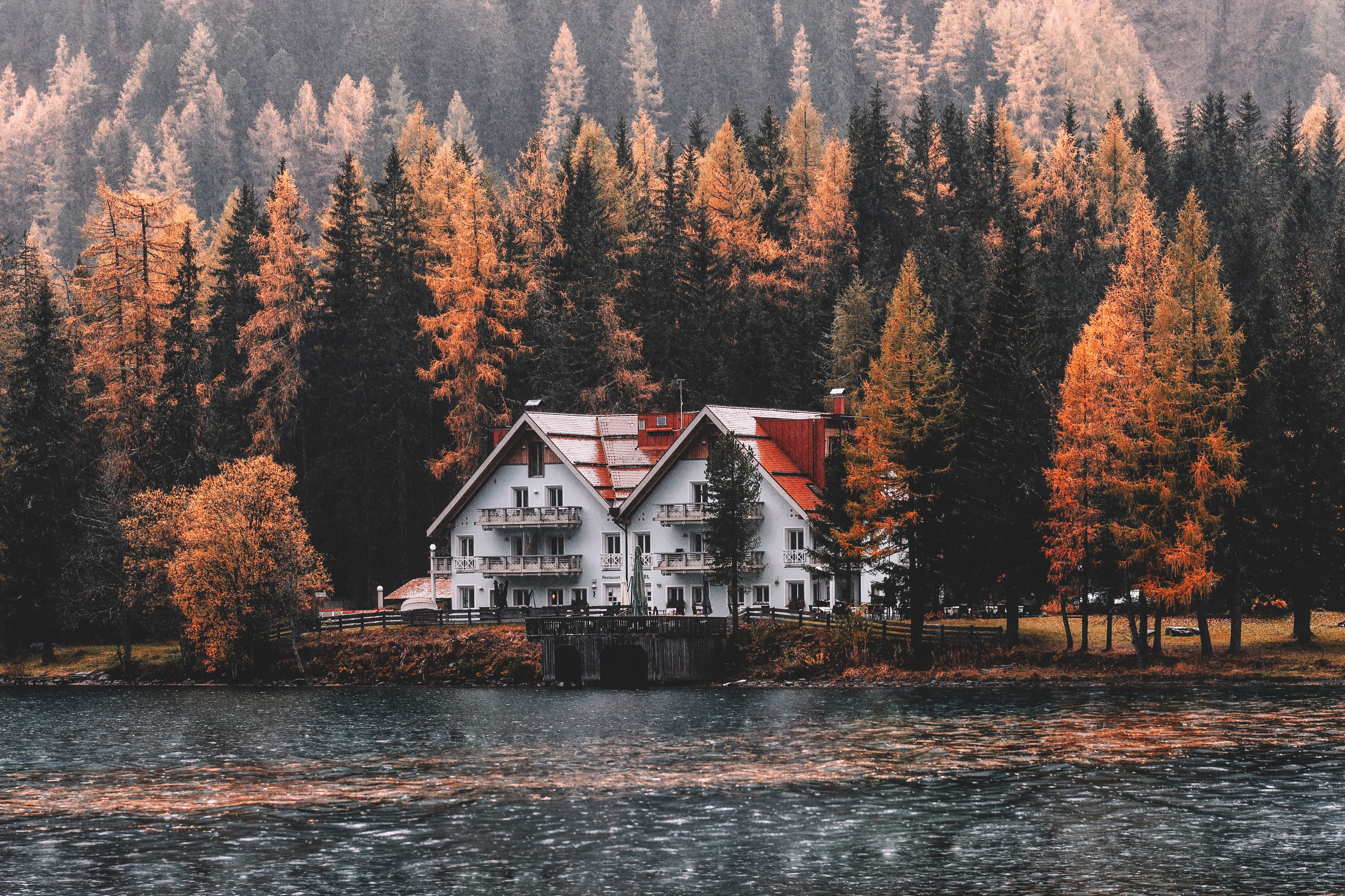 Free Image, nature, home, tree, house, sky, reflection, water, natural landscape, leaf, lake, rural area, autumn, mountain, winter, building, forest, pine family, plant, conifer, log cabin, river, cottage, snow, farmhouse 3648x2432