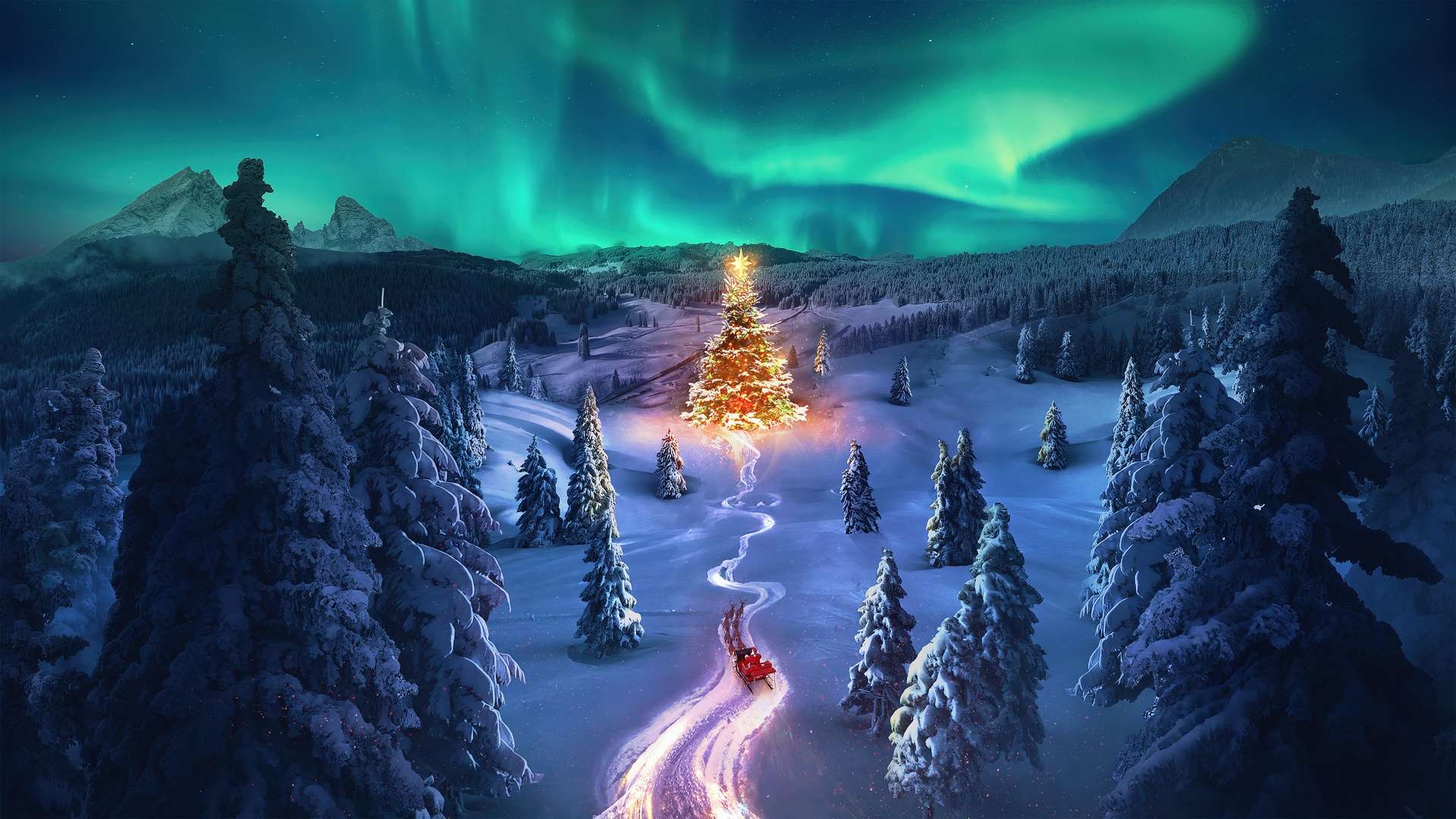 Christmas tree Wallpaper 4K, Aurora sky, Snowy Trees