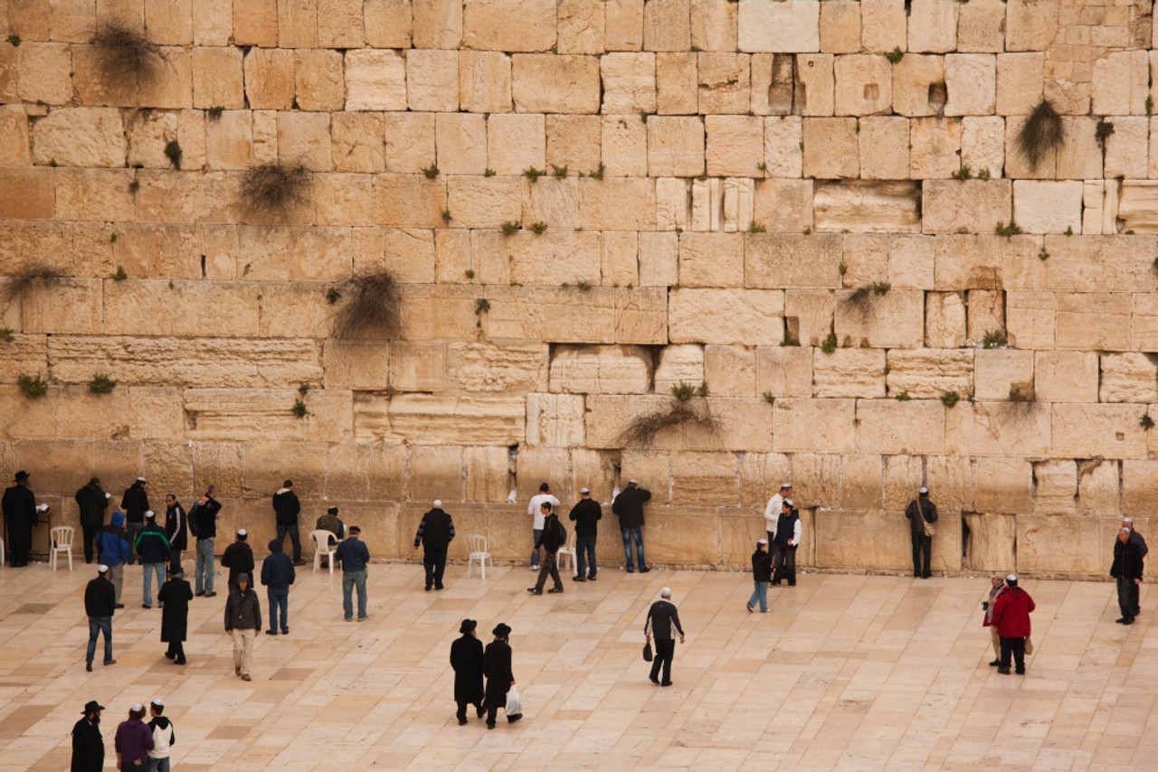 Elevated view of the Western Wall Plaza with people praying at the wailing wall, Jewish Quarter, Old City, Jerusalem, Israel Poster Print