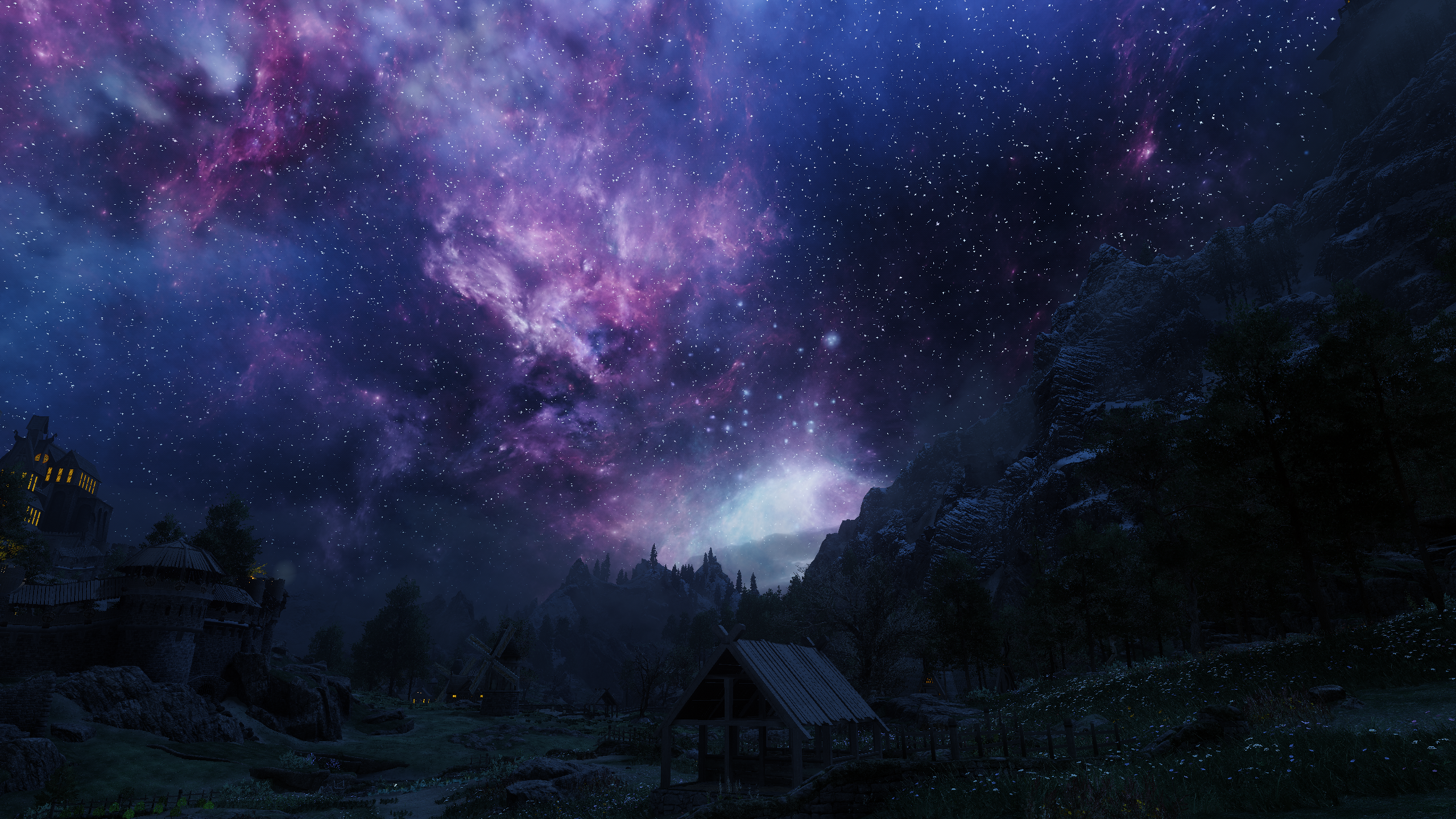 Skyrim HD Wallpaper: Stunning Night Sky Gaming Environment