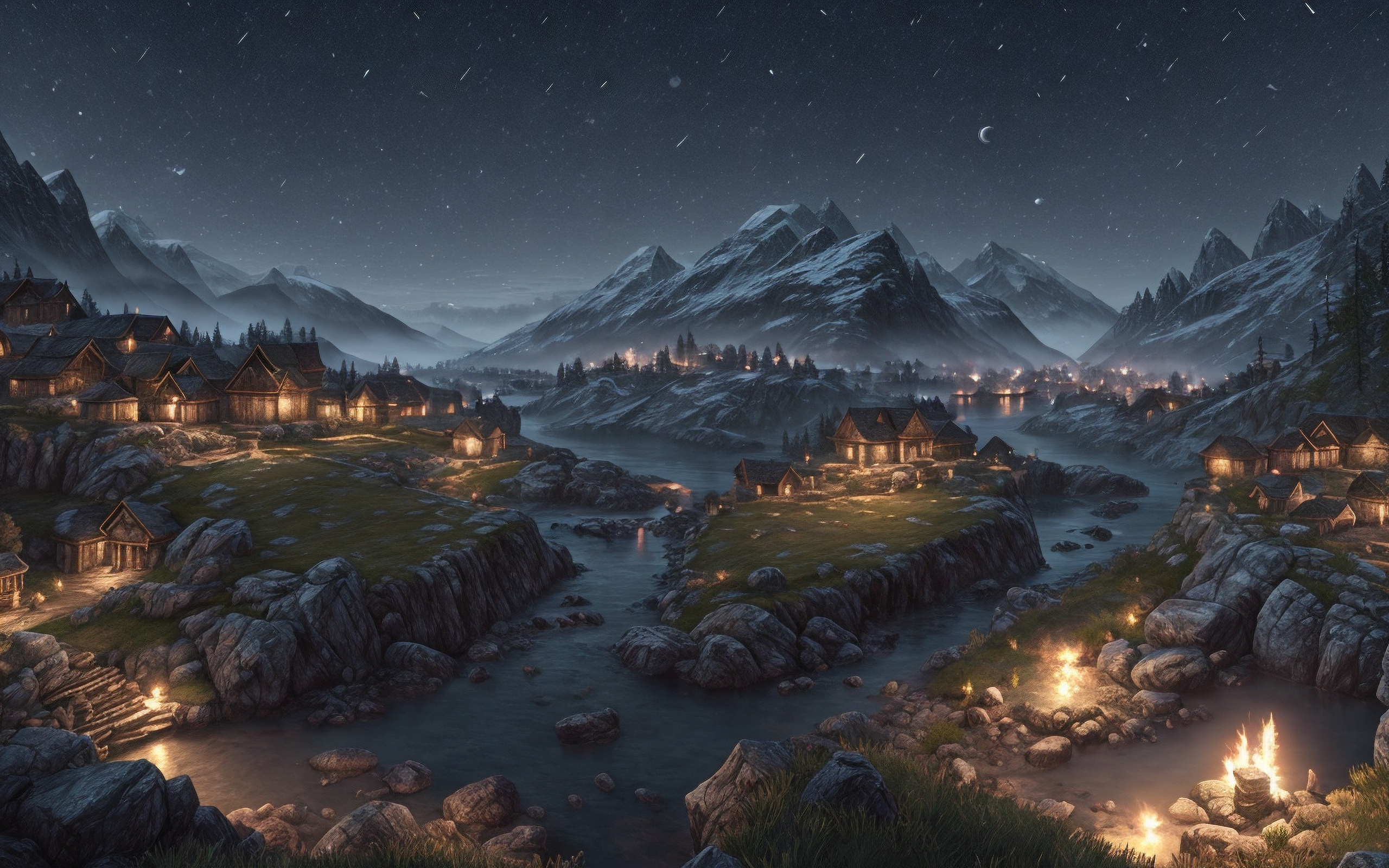 Skyrim styled village at night [2560 x 1600]