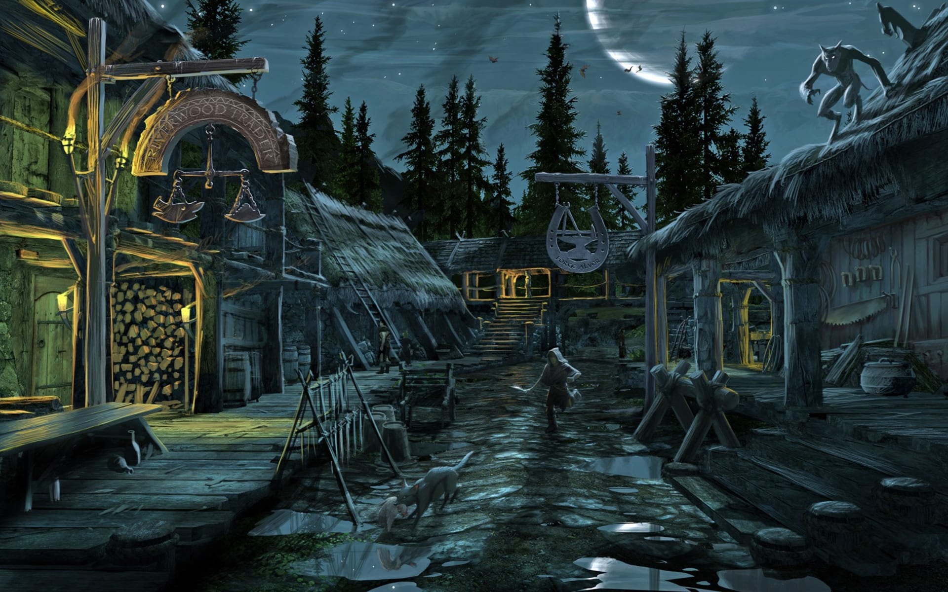 Artwork Riverwood Nighttime. Skyrim. Bethesda Softworks. Cook and Becker