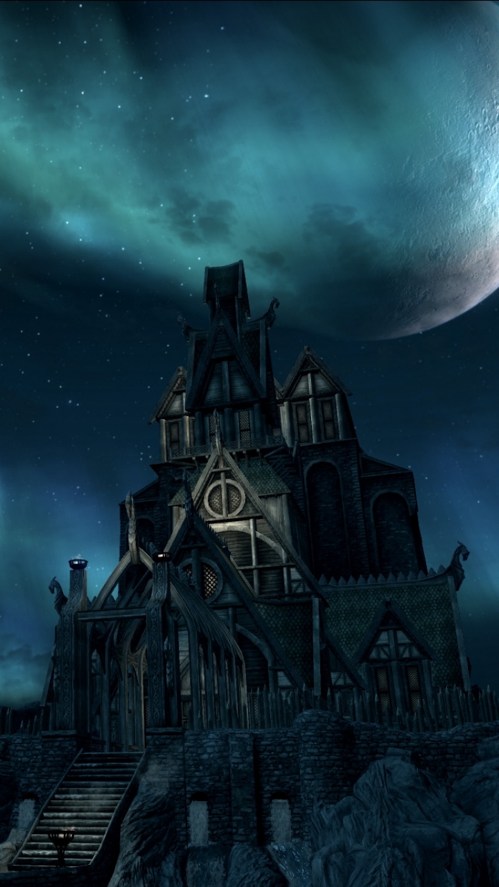 Phone wallpaper: Building, Moon, Video Game, The Elder Scrolls V: Skyrim, Skyrim, The Elder Scrolls 1089030