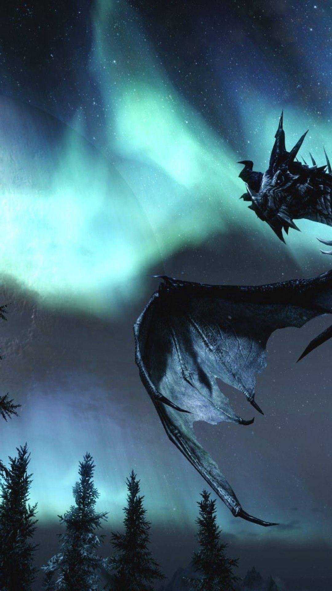 Download Skyrim iPhone Dragon In Night Sky Wallpaper